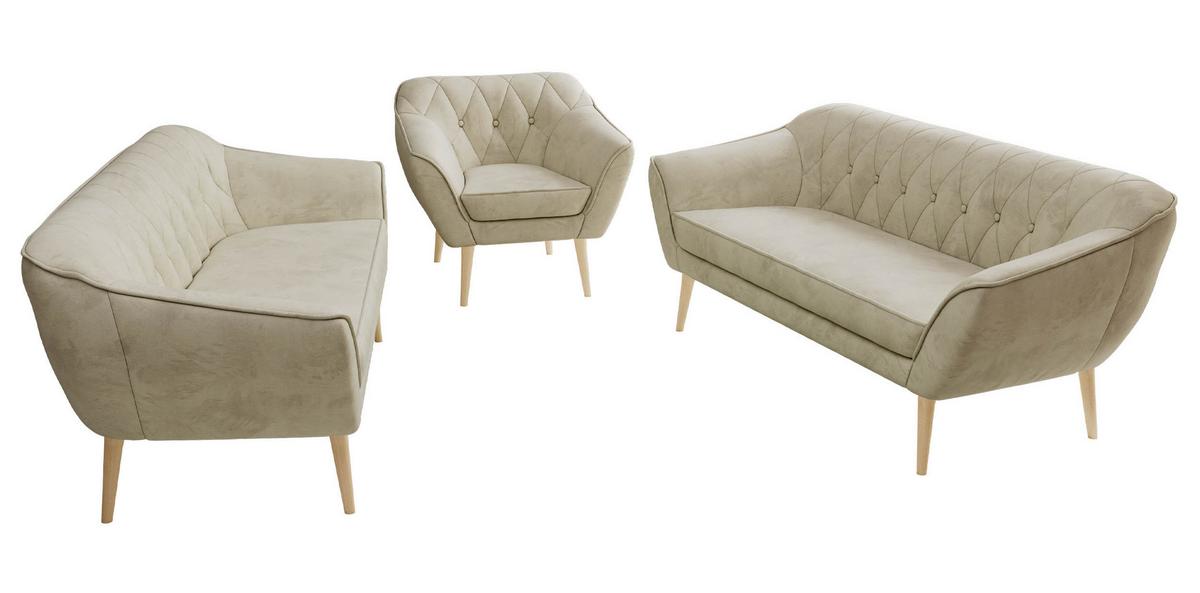 SITZGARNITUR PIRS 3+3+1 - Beige Velvet - Holzbeine - Beige/Buchefarben, Holzwerkstoff/Textil (180/75/74cm) - MKS