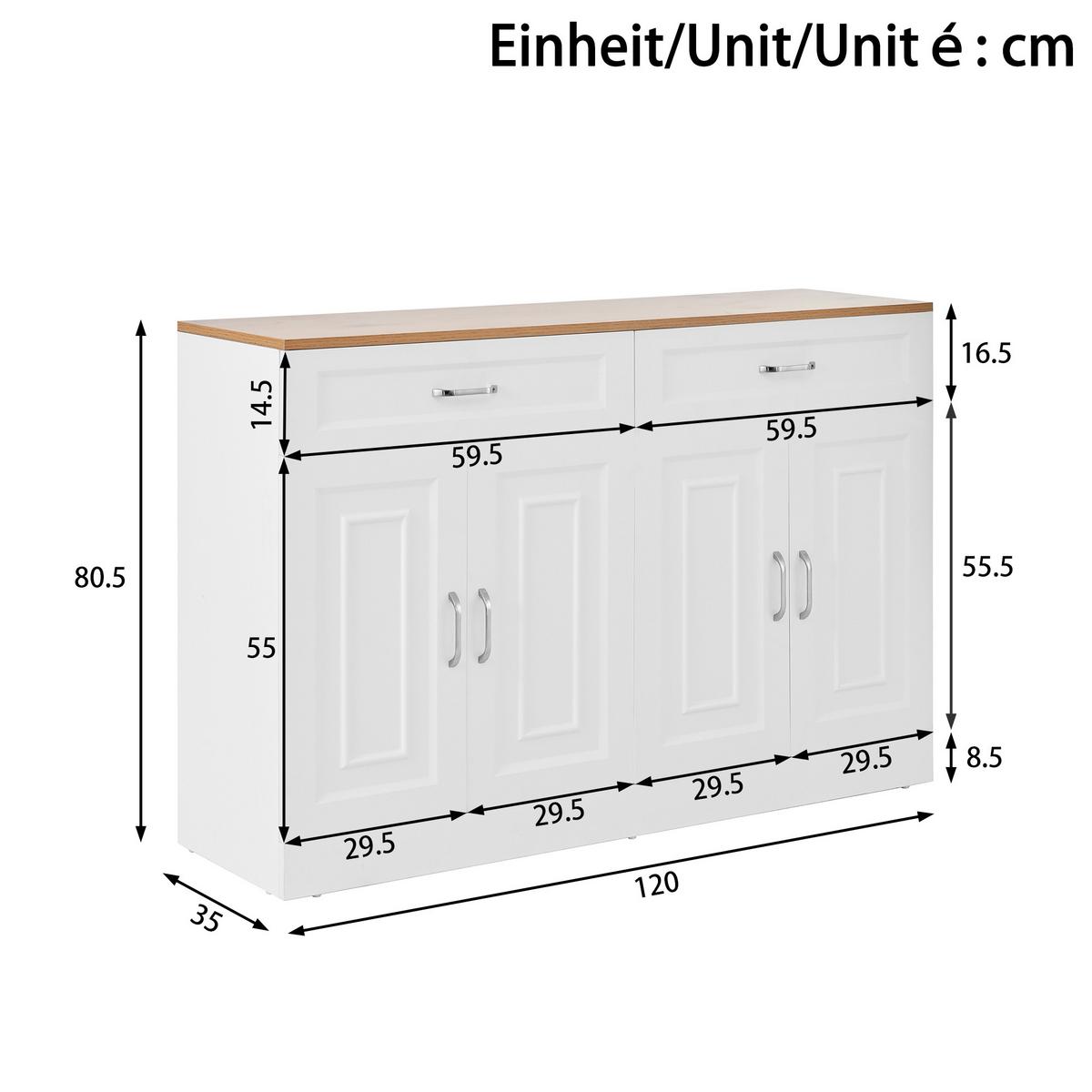 SIDEBOARD mit Regalen und Rebounder 4 Türen, 2 Schubladen, verstellbare Einlegeböden Natürliche Holzmaserung und Weiß - Weiß, Holzwerkstoff (120/81/35cm) - Urban Meuble