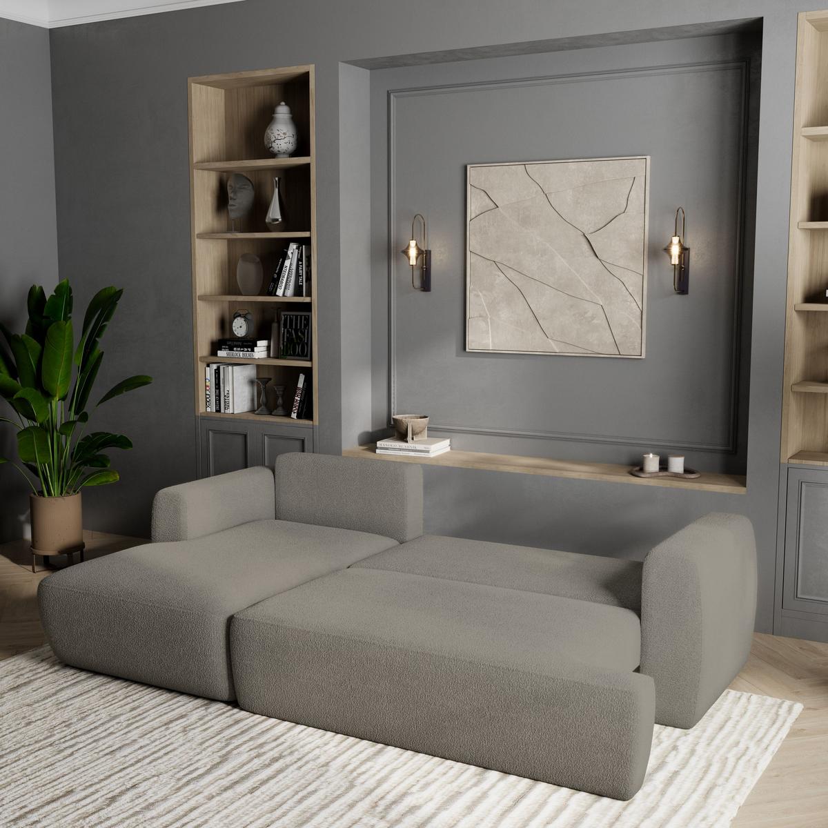 ECKSOFA SENTI N L-S Hellgrau Boucle-Stoff mit Schlaffunktion - Hellgrau/Schwarz, Holz/Kunststoff (246/148cm) - MASSENO