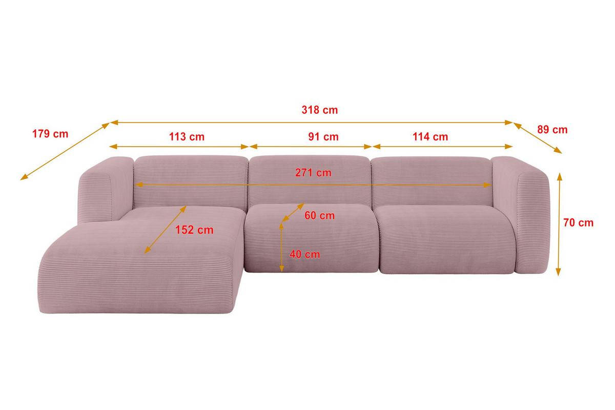 ECKSOFA Ottomane Links MIRA-L2 318x179x89 Rosa Cord - Schwarz/Rosa, Holzwerkstoff/Kunststoff (318/179cm) - ALTDECOR