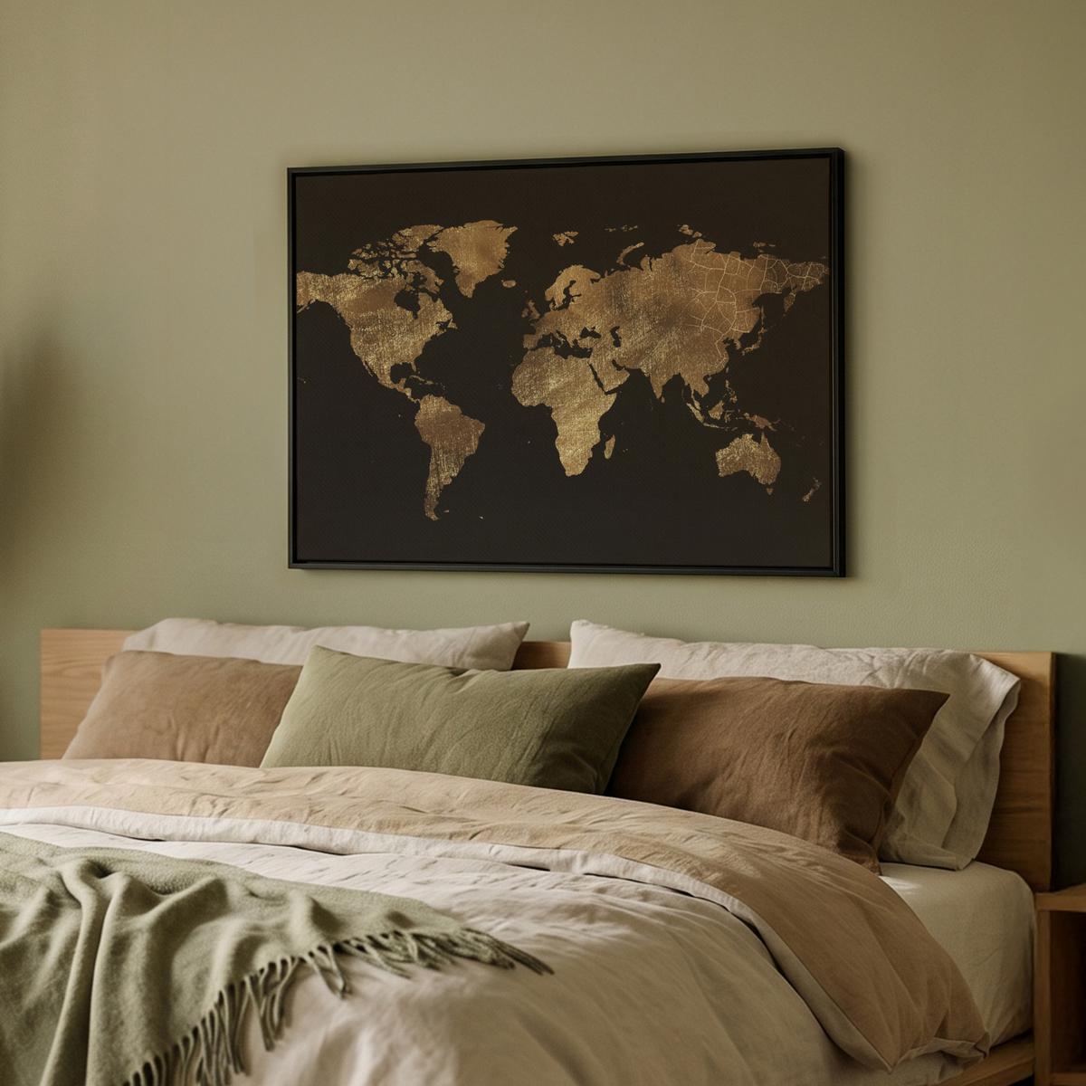 LEINWAND Bilder mit Rahmen - Weltkarte - Gold - Luxus - Erde - Schwarz - 80x60 - Goldfarben, Textil (80/60cm) - MuchoWow