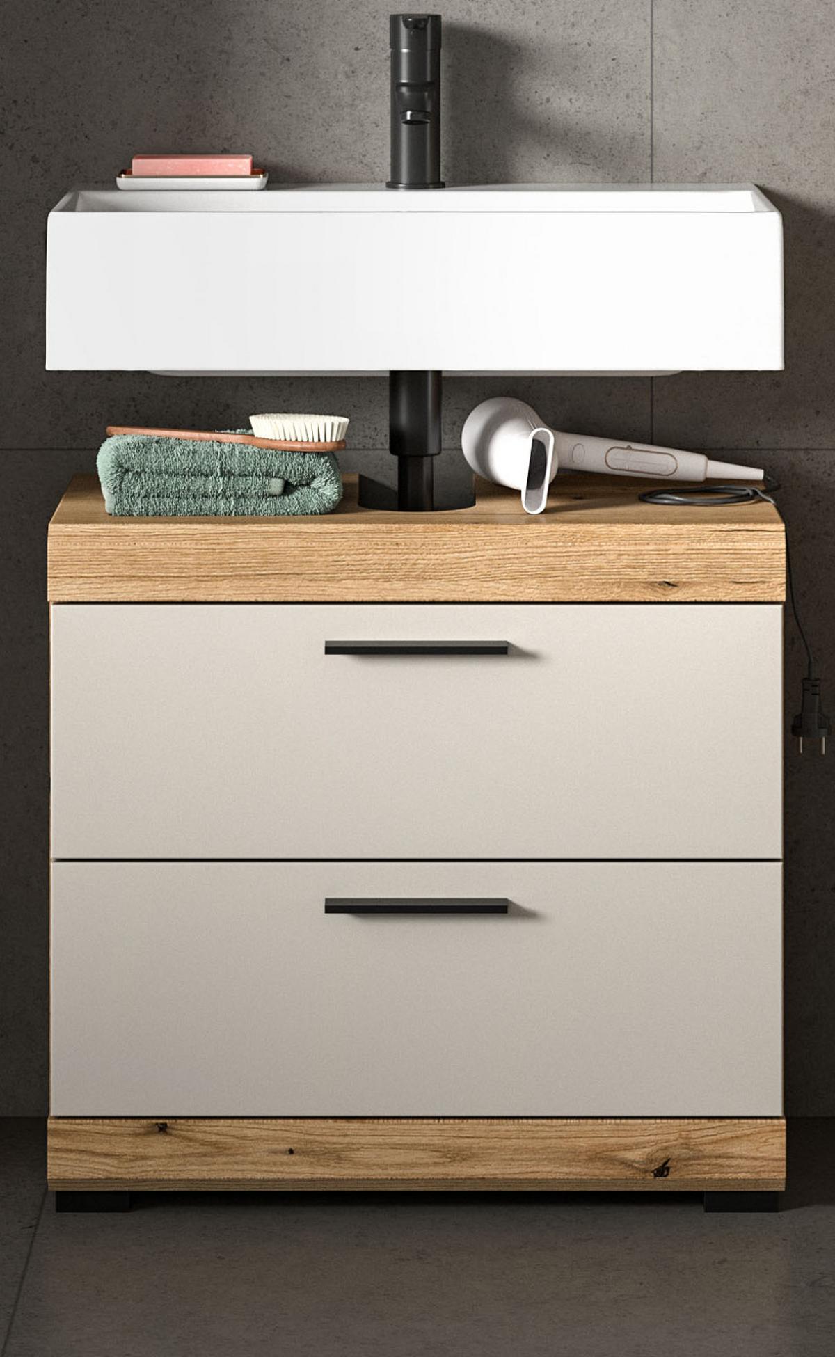 WASCHBECKENUNTERSCHRANK Sand Kaschmir, Evoke Eiche, Badezimmer Unterschrank 60 cm mit Schubkästen - Kaschmir/Eichefarben, Holzwerkstoff/Kunststoff (60/56/34cm) - Inn.Furn