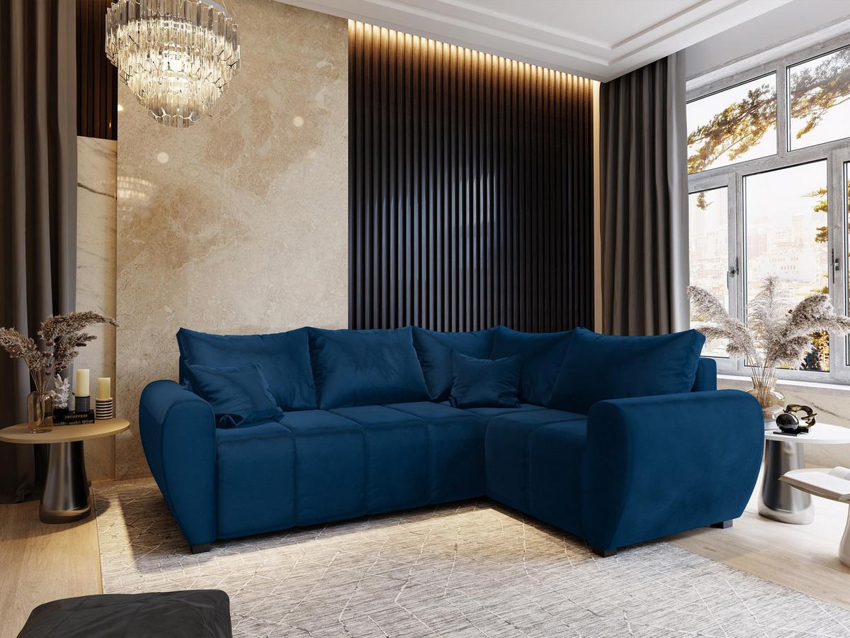 ECKSOFA MADISON L R-S Blau Plüsch-Stoff mit Schlaffunktion - Blau/Schwarz, Holz/Kunststoff (235/175cm) - MASSENO