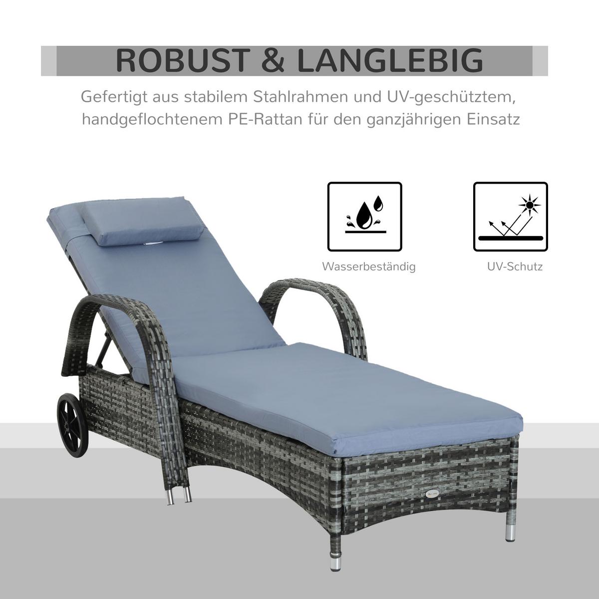 SONNENLIEGE, Polyrattan+Metall, Grau - Multicolor, Kunststoff (73/103/200cm) - Outsunny