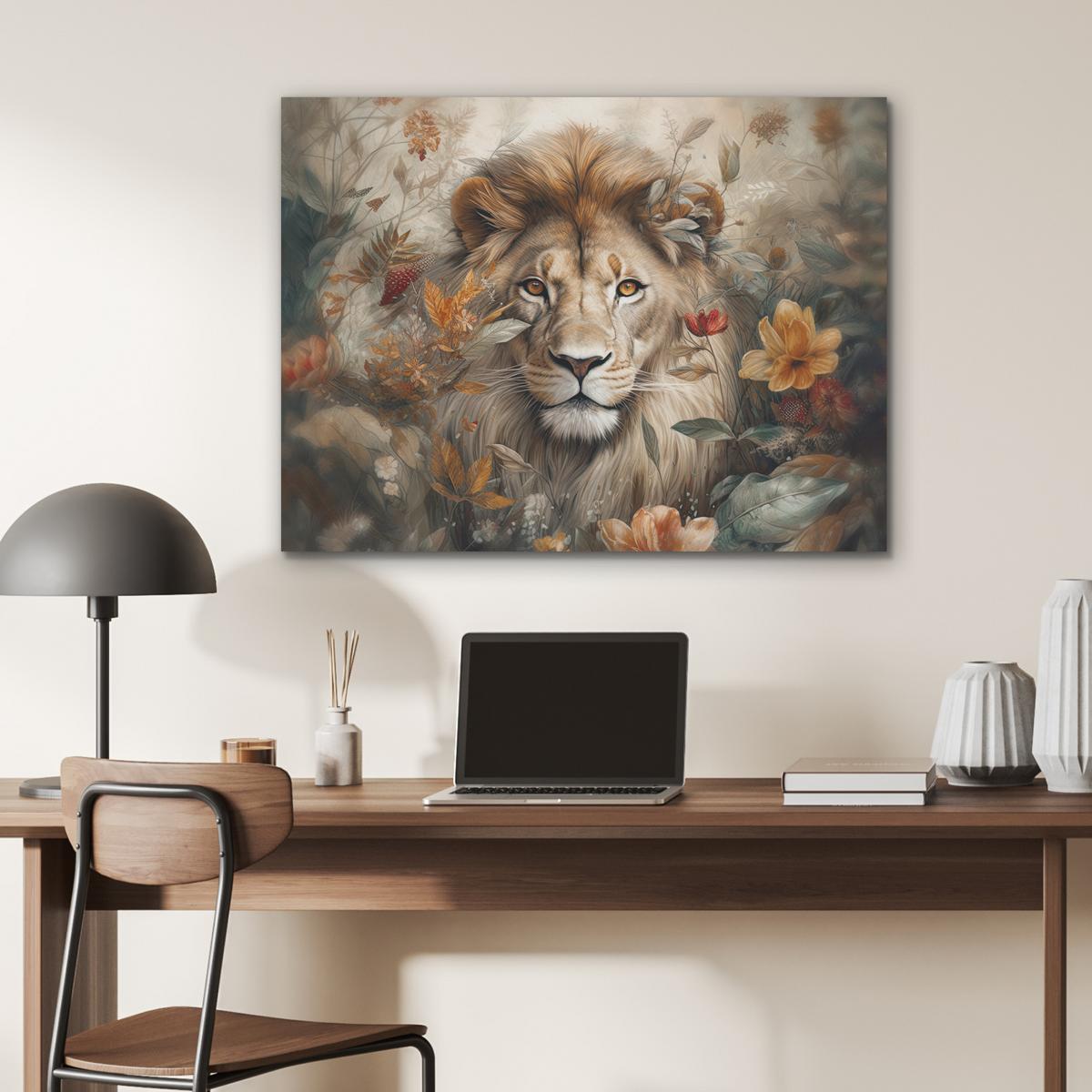 AKUSTIKBILD Löwe - Wildtiere - Pflanzen - Natur - Blumen Gemälde 80x60 cm - Beige, Kunststoff (80/60/0.9cm) - MuchoWow