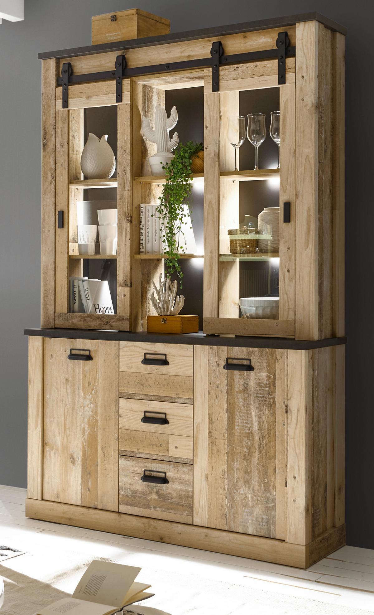 BUFFETSCHRANK Used Wood hell, anthrazit, Vitrinenschrank 133 x 201 cm - Eichefarben/Anthrazit, Holzwerkstoff/Metall (133/201/37cm) - Furn.Design