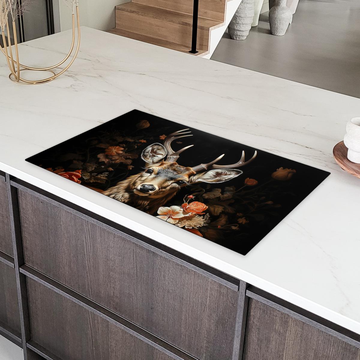 HERDABDECKPLATTE Hirsch - Tier - Blumen - Natur - Botanisch Induktionsschutz 91.6x52.7 cm - Kupferfarben, Kunststoff (91.6/52.7/0.2cm) - MuchoWow
