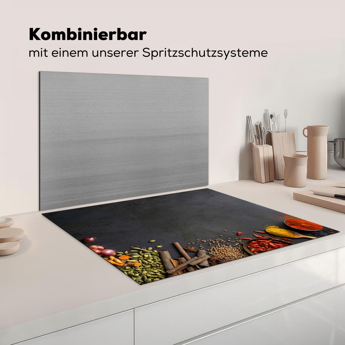 HERDABDECKPLATTE Kräuter - Lebensmittel - Gewürze - Schwarz - Paprika - Zimt Induktionsmatte 77x59 cm - Currygelb, Kunststoff (77/59/0.2cm) - MuchoWow