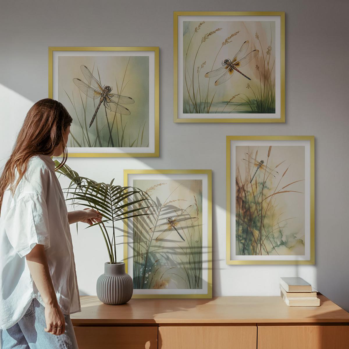 BILDER SET 4er Set - 50x50 cm & 40x60 cm Goldrahmen - Libellengräser über dem Wasser - Goldfarben, Kunststoff (50/50cm) - TULUP