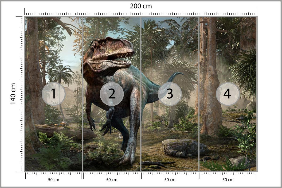 FOTOTAPETE für Jugendzimmer Realistischer Dinosaurier Dschungel Palmen 200x140 - Beige/Schwarz, Papier (200/140cm) - Muralo