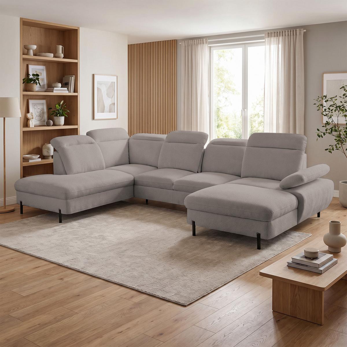 WOHNLANDSCHAFT Sora U mit Schlaffunktion und verstellbarer Sitztiefe, Kopfstützen und Armlehne, 365 cm, Hellbraun, Rechts - Hellbraun/Schwarz, Textil (365/107/235cm) - Beautysofa