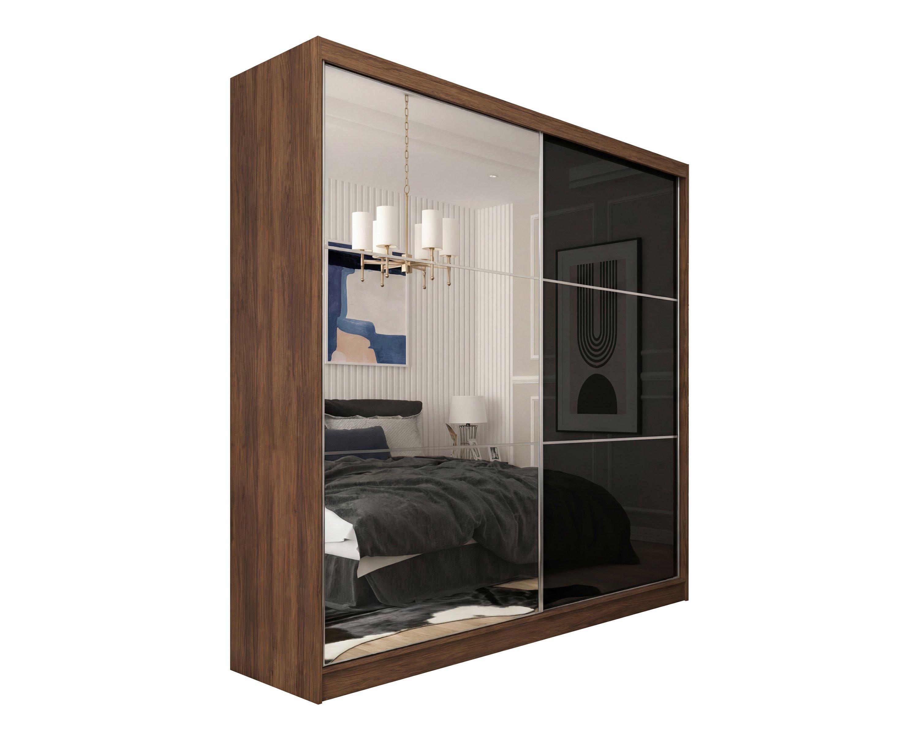 SCHWEBETÜRENSCHRANK VITALE 200/216/61 cm Modern Kleiderschrank 2-türig mit Spiegel Nussbaumfarben - Nussbaumfarben/Schwarz, Holzwerkstoff (200/216/61cm) - MASSENO