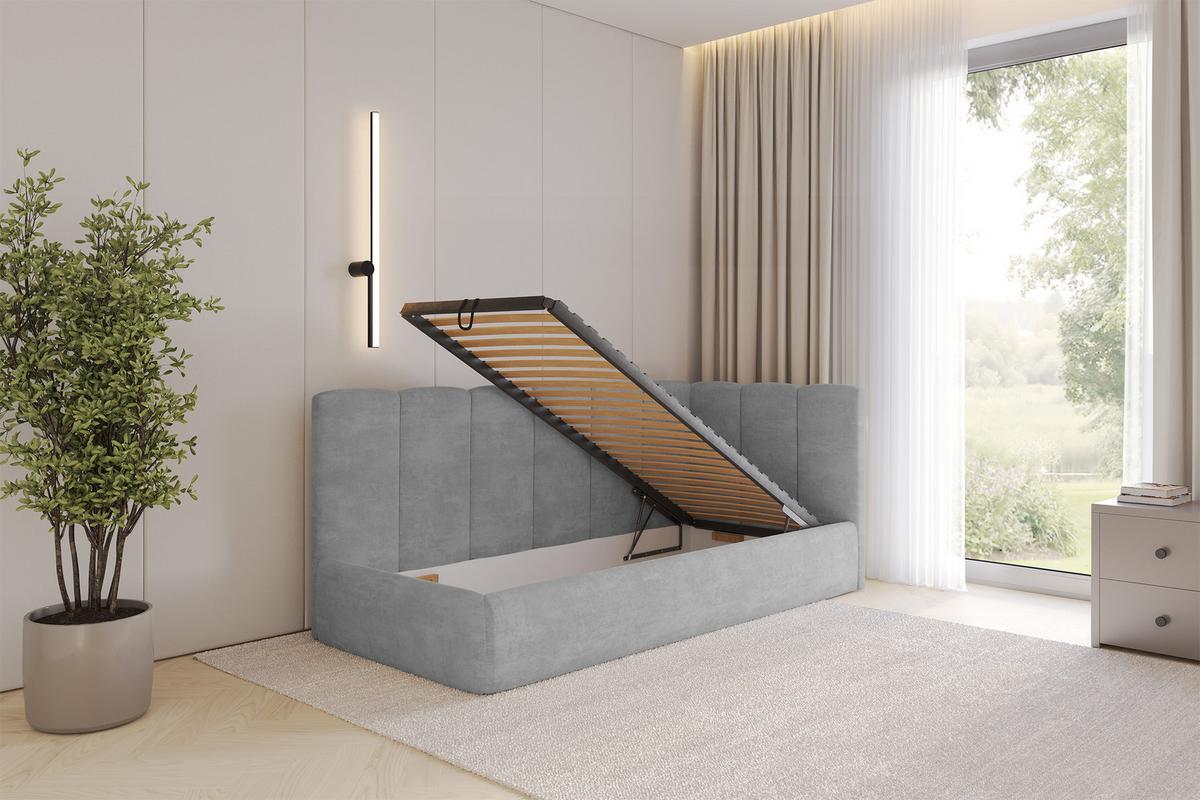 EINZELLBETT Jugendbett mit Bettkasten und Matratze H3/H4, Links - DEXY 100x200 Grau - Hellgrau, Holzwerkstoff/Textil (100/200cm) - ALTDECOR