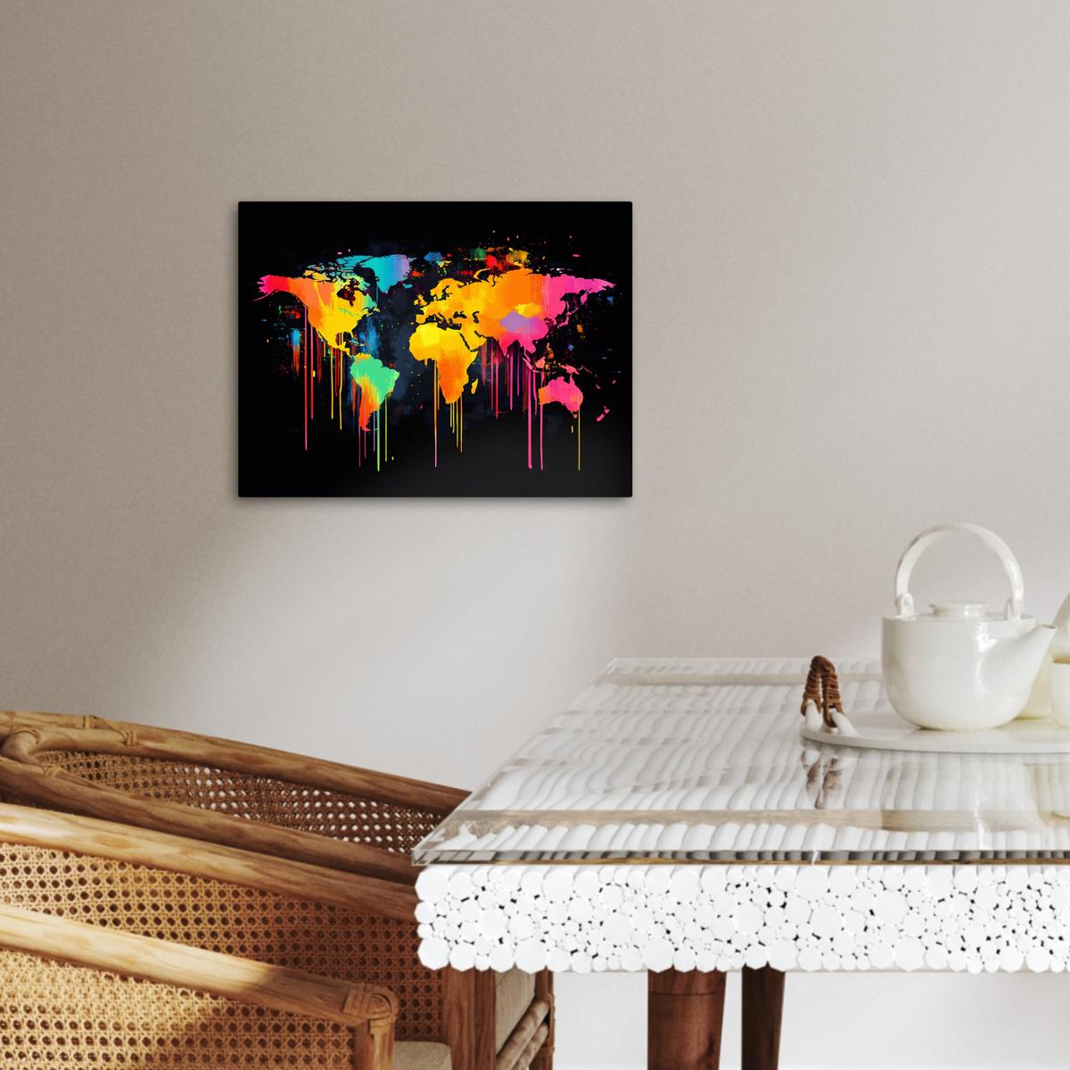 LEINWANDBILD Weltkarte - Farbe - Bunt - Graffiti - Welt Wandbild 40x30 cm - Multicolor, Textil (40/30cm) - MuchoWow