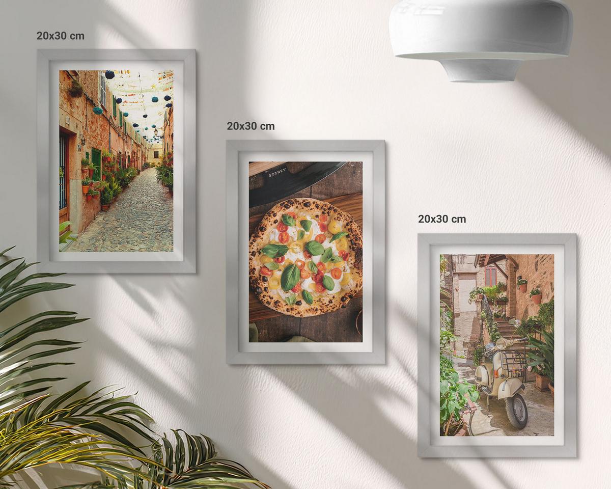 BILDER SET 3er Set - 20x30 cm Silberner Rahmen - Charmante Straßen mit Pizza - Silberfarben, Kunststoff (20/30cm) - TULUP