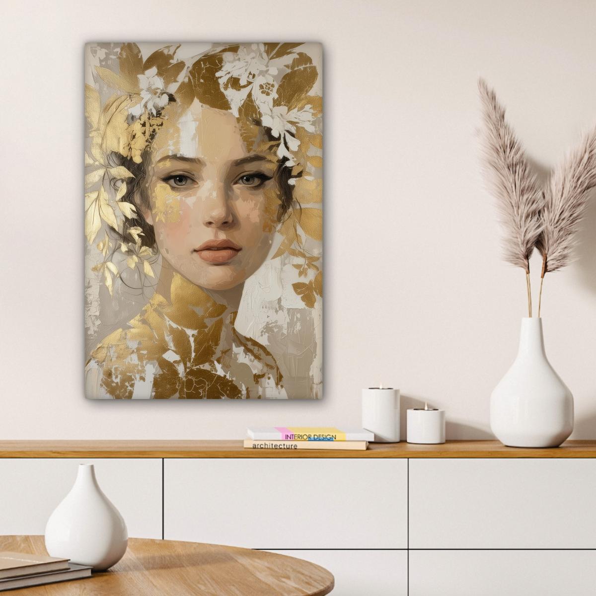LEINWANDBILD Gesicht - Frau - Blätter - Gold Wanddeko 40x60 cm - Beige, Textil (40/60cm) - MuchoWow