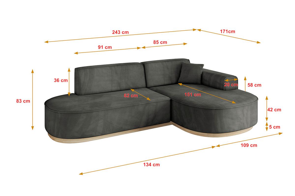 ECKSOFA Ottomane Rechts MARI-L1-v1 - 243x171x83 cm Dunkelgrau Velours - Dunkelgrau, Holzwerkstoff/Textil (171/243cm) - ALTDECOR