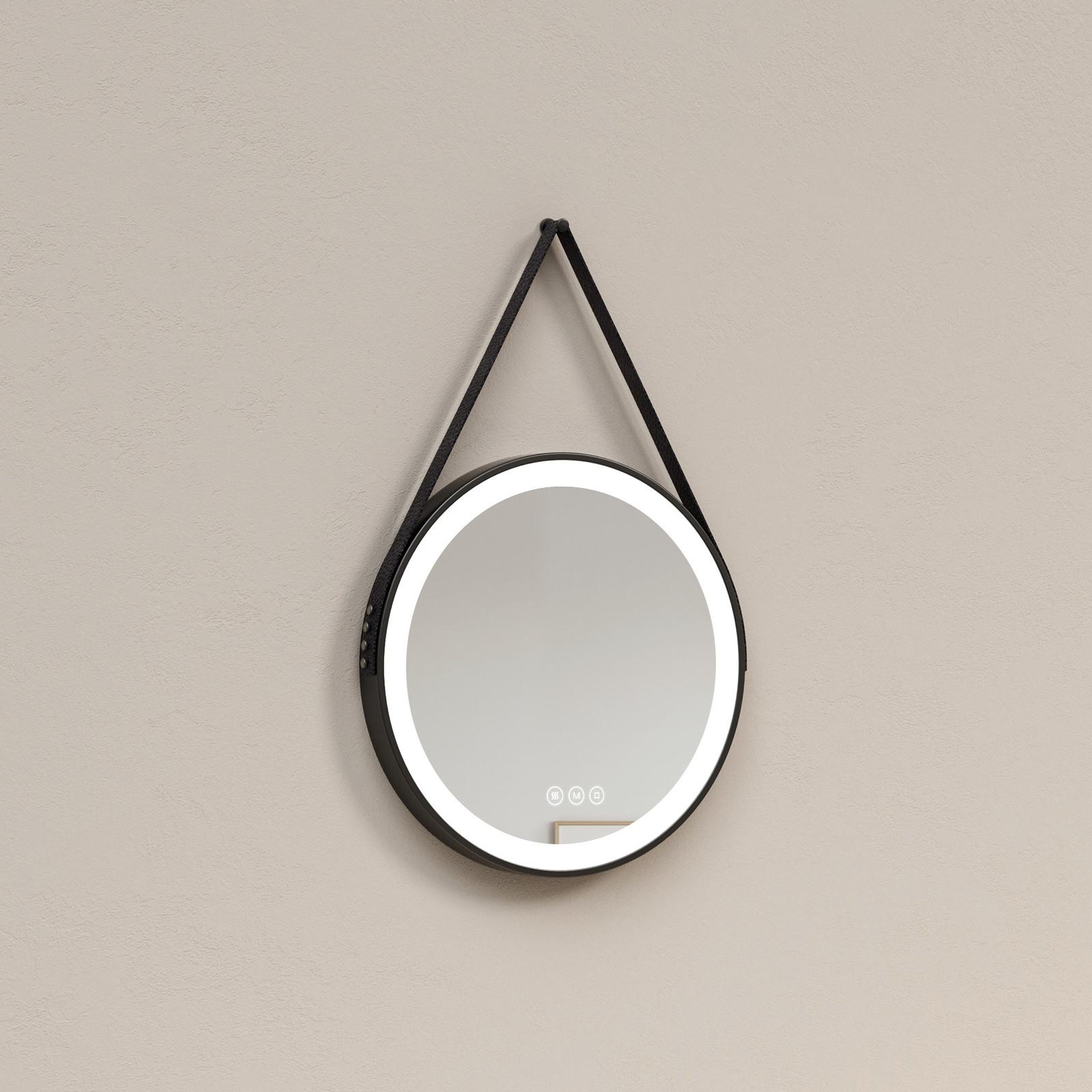 BADSPIEGEL Rund mit Touch-Schalter Beleuchtung mit Hängeriemen Schwarz Ø 50 cm - Schwarz, Glas (50/50/3.5cm) - EMKE