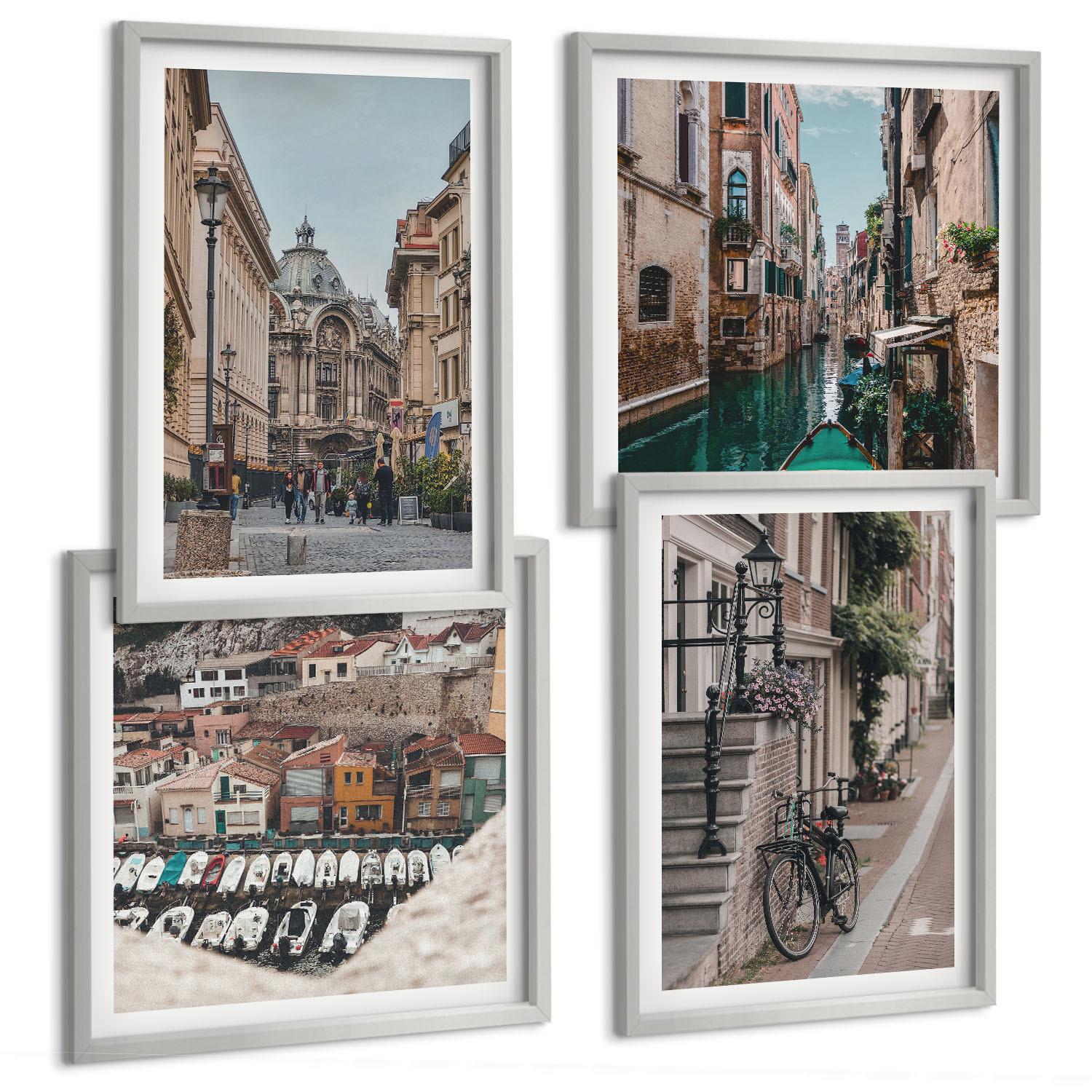 BILDER SET 4er Set - 50x50 cm & 40x60 cm Silberner Rahmen - Die charmanten Straßen der Hafenstädte - Silberfarben, Kunststoff (50/50cm) - TULUP
