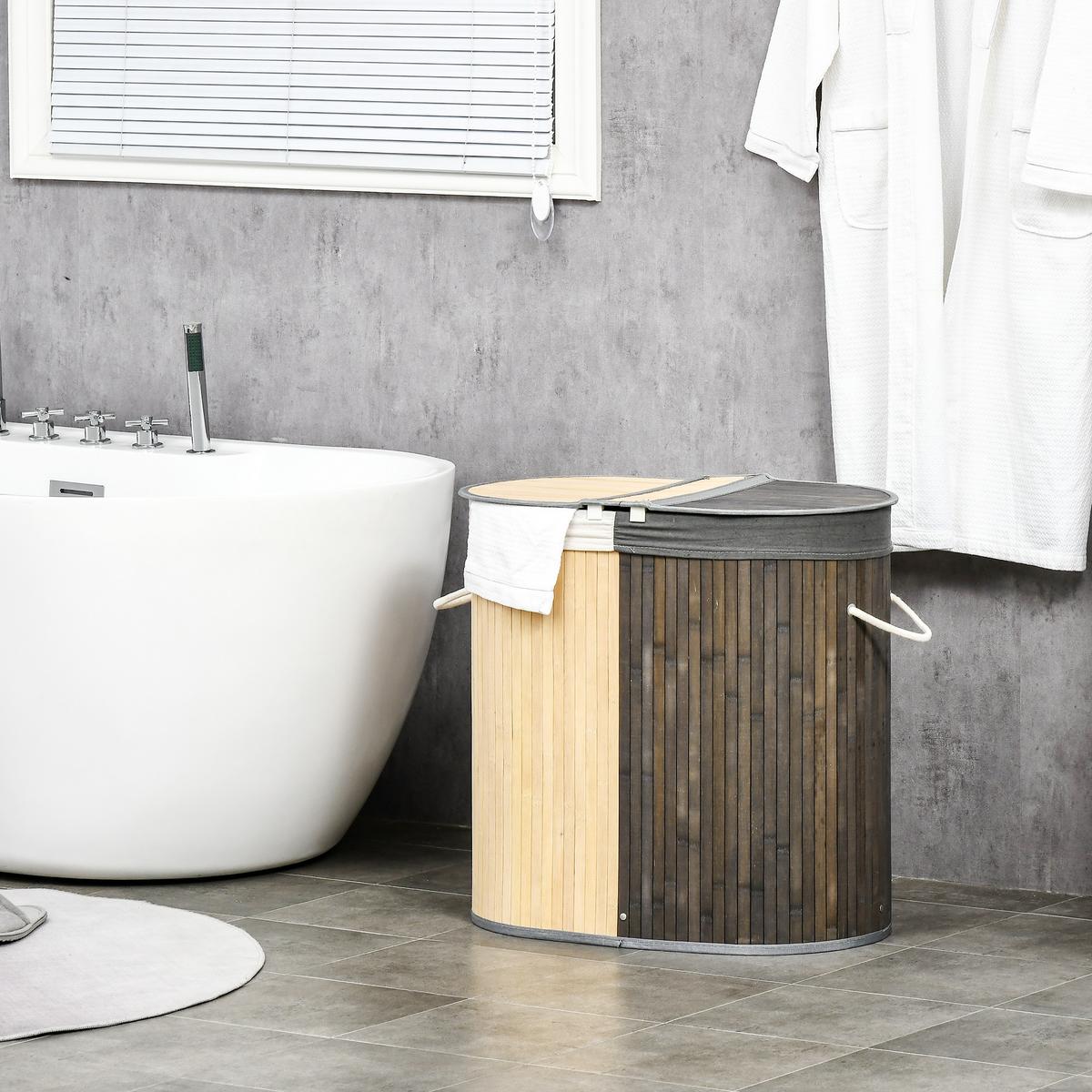 WÄSCHEKORB Bambus Grau Natur - Hellbraun, Naturmaterialien (37/60.5/62.5cm) - HOMCOM