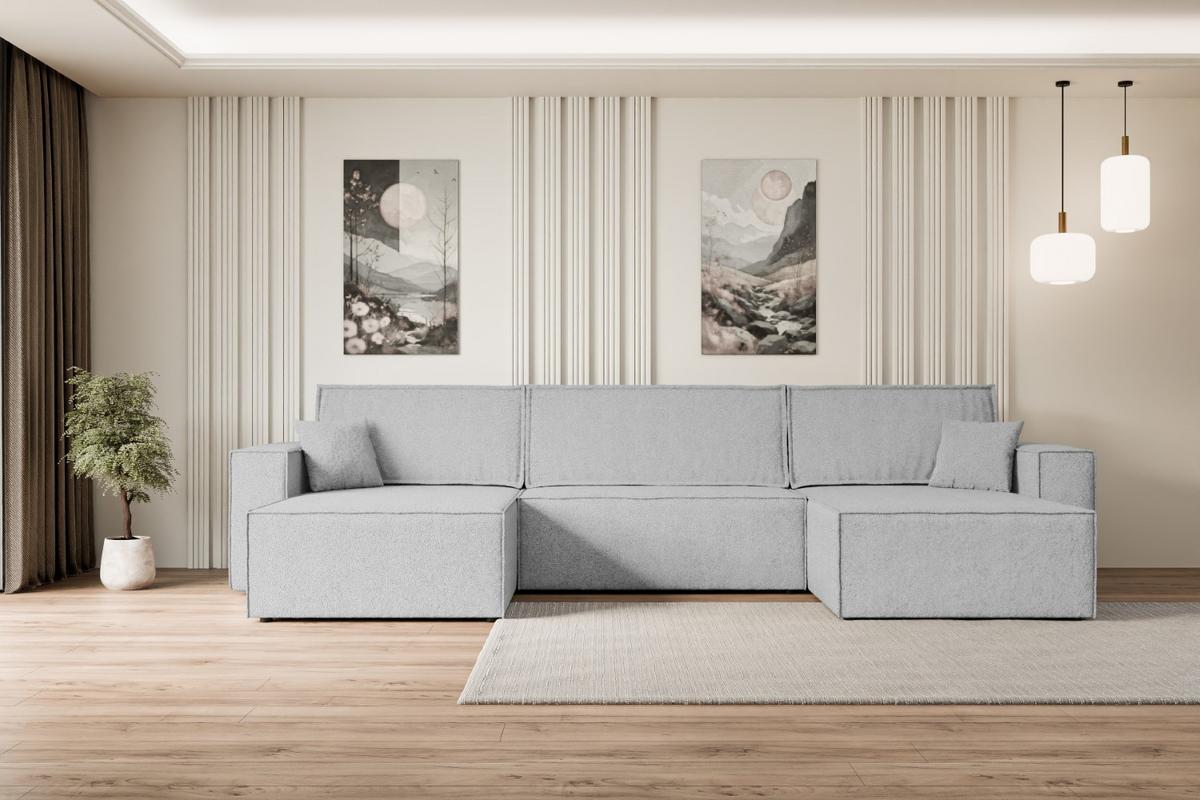 WOHNLANDSCHAFT mit Schlaffunktion und Bettkasten CELTIC-XLU - 377x143x83 cm Hellgrau Bouclé - Hellgrau/Schwarz, Holzwerkstoff/Kunststoff (377/83/143cm) - ALTDECOR