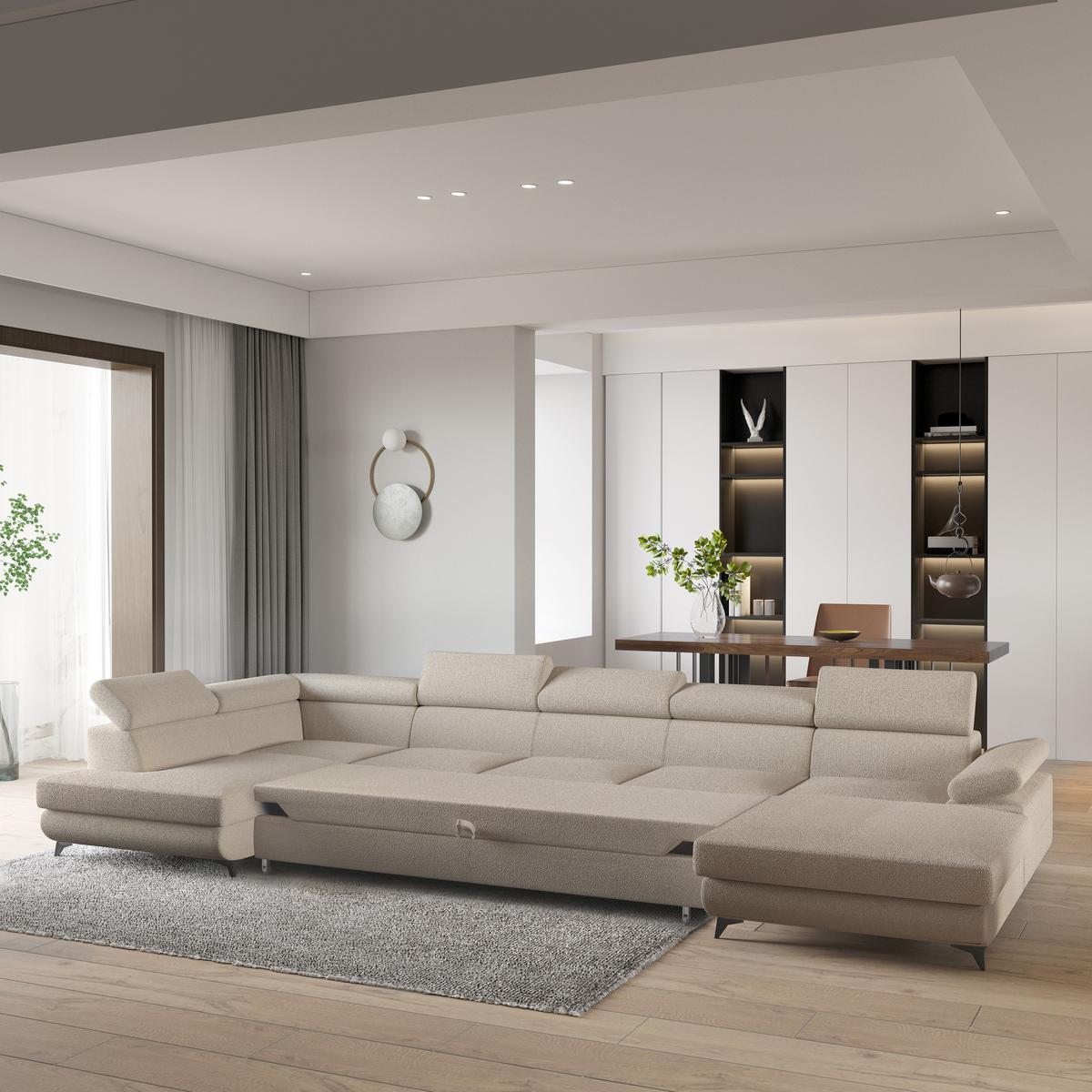 WOHNLANDSCHAFT MONTIVA Beige Boucle-Stoff mit Schlaffunktion - Beige, Holz (410/89/190cm) - MASSENO