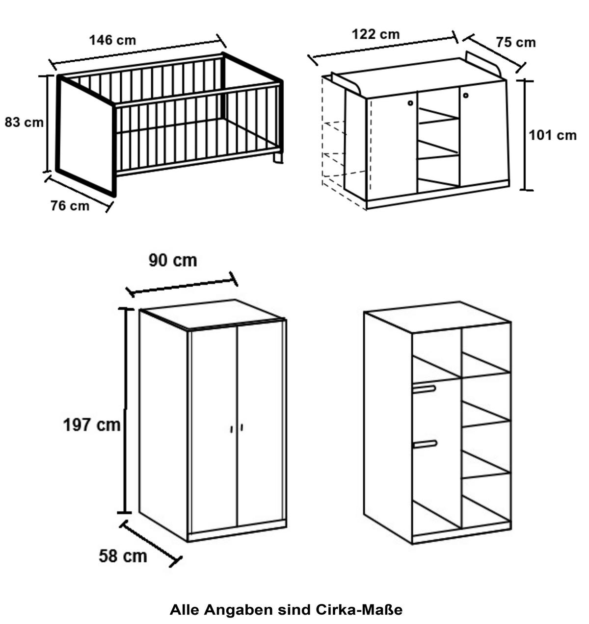 BABYZIMMER-SET 3-teilig: Babybett & Wickelkommode & Kleiderschrank 2-türig B90/H197/T58 cm, Soft-Close, Landhausstil Weiß / 22801 - Silberfarben/Weiß, Holzwerkstoff/Metall (76/83/146cm) - luma-home