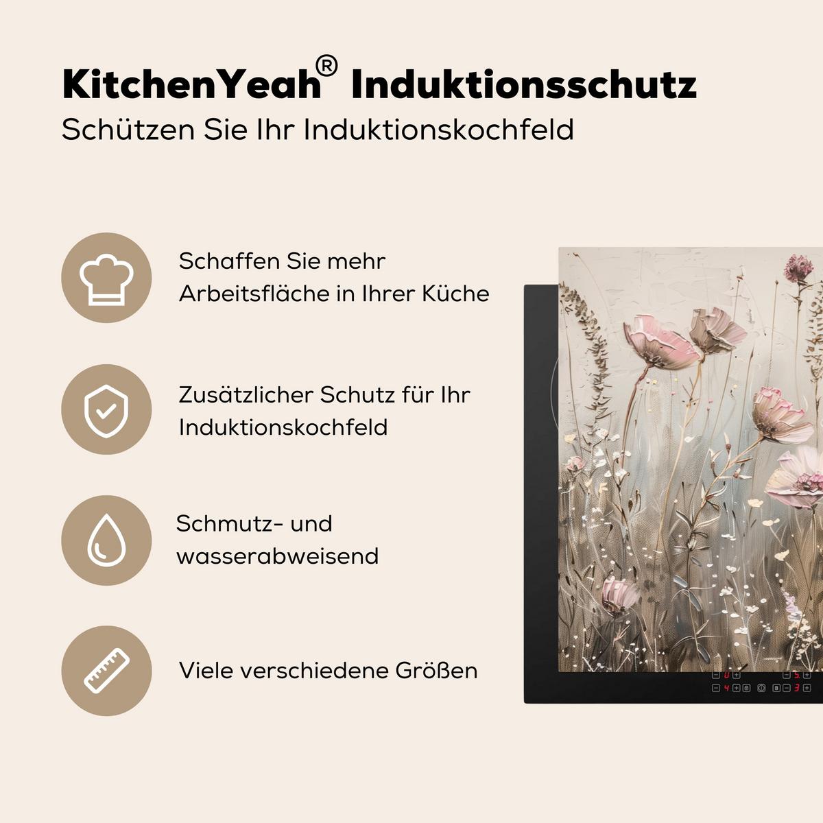 HERDABDECKPLATTE Blumen - Beige - Trockenblumen Induktionsschutz 91.2x52 cm - Beige, Kunststoff (91.2/52/0.2cm) - MuchoWow