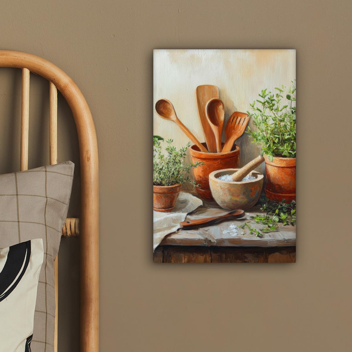LEINWANDBILD Töpfe - Kräuter - Holz Deko Wohnzimmer 20x30 cm - Terracotta, Textil (20/30cm) - MuchoWow