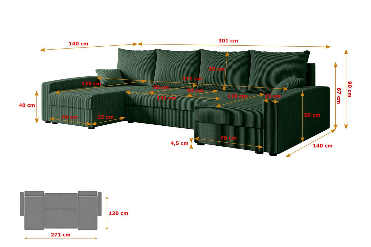 WOHNLANDSCHAFT mit Schlaffunktion und Bettkasten ALESIA-U 301x140x90 cm Grün Cord - Silberfarben/Grün, Holzwerkstoff/Kunststoff (301/90/140cm) - ALTDECOR