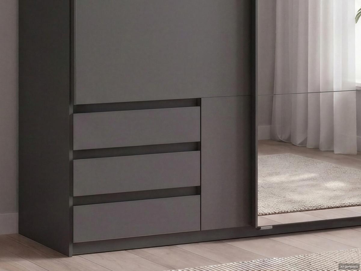 SCHWEBETÜRENSCHRANK 2-türig B135/H198/T65 cm, Kleiderschrank in Grafit mit sichtbaren Schubkästen & Spiegel / 22679 - Graphitfarben/Schwarz, Holz/Holzwerkstoff (135/198/65cm) - luma-home