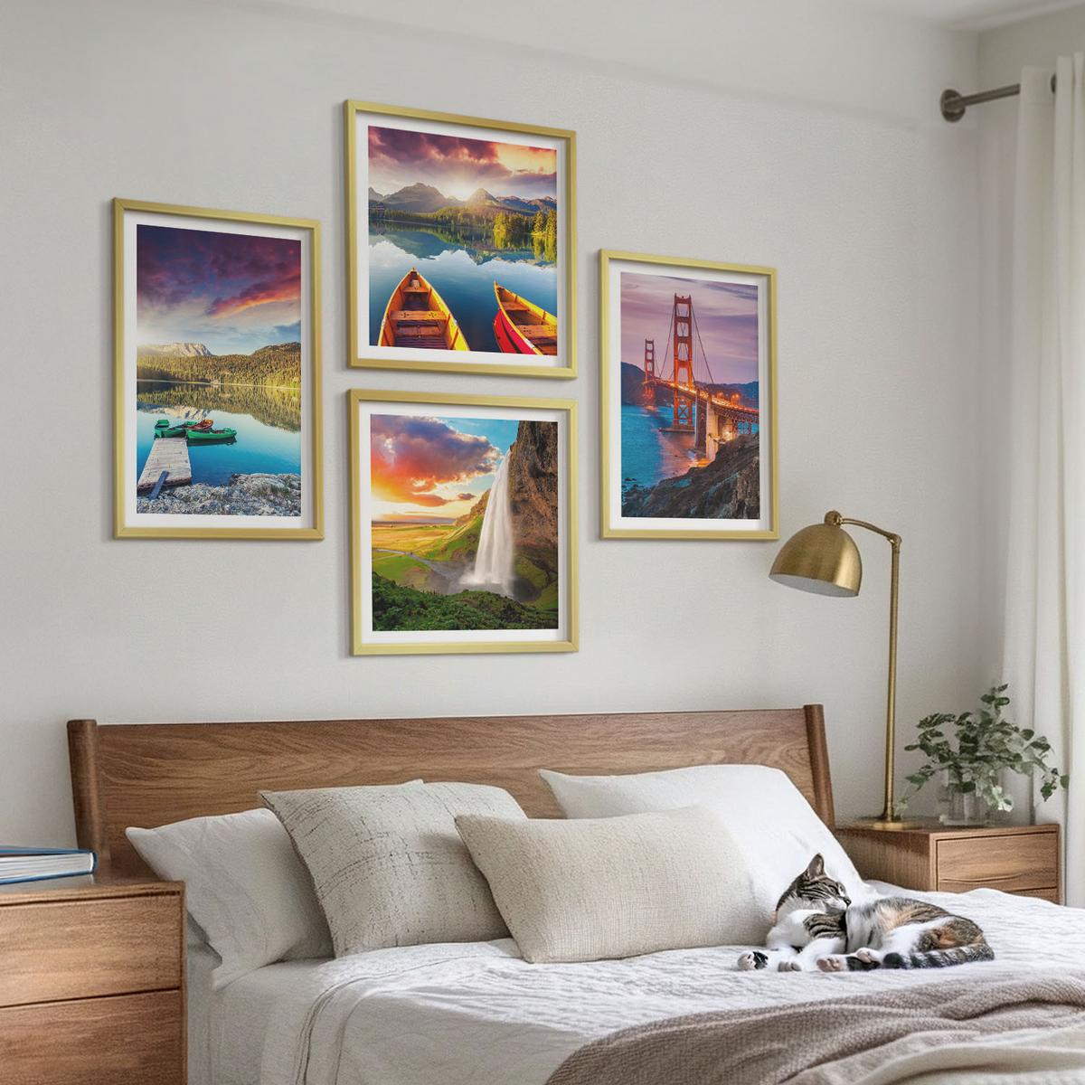 BILDER SET 4er Set - 50x50 cm & 40x60 cm Goldrahmen - Bergseen, Boote, Brücken - Goldfarben, Kunststoff (50/50cm) - TULUP