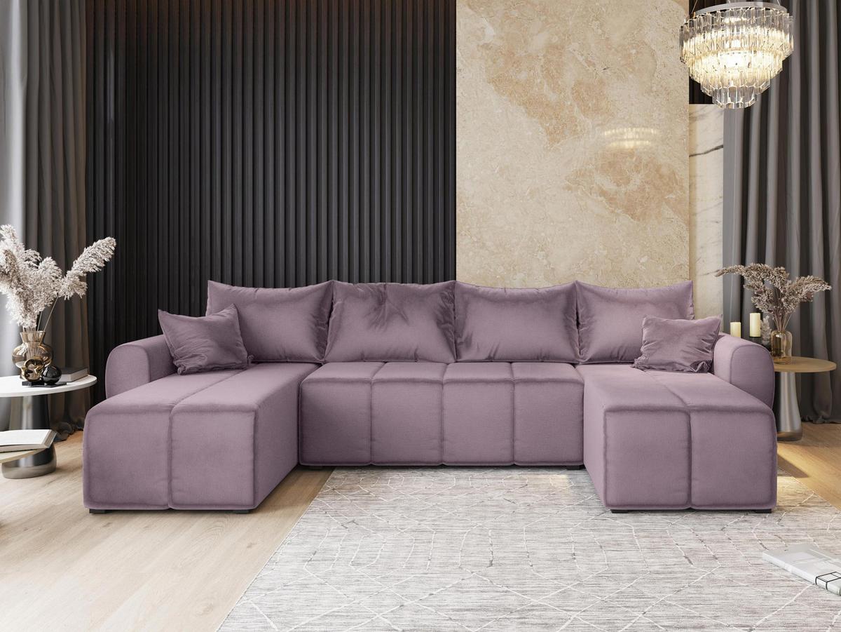 WOHNLANDSCHAFT MADISON U Rosa Plüsch-Stoff mit Schlaffunktion - Schwarz/Rosa, Holz/Kunststoff (311/82/145cm) - MASSENO