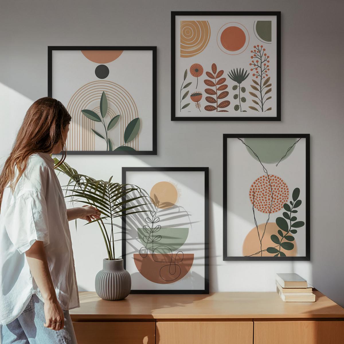 BILDER SET 4er Set - 50x50 cm & 40x60 cm Schwarzer Rahmen - Abstrakte Pflanzenformen - Schwarz, Kunststoff (50/50cm) - TULUP