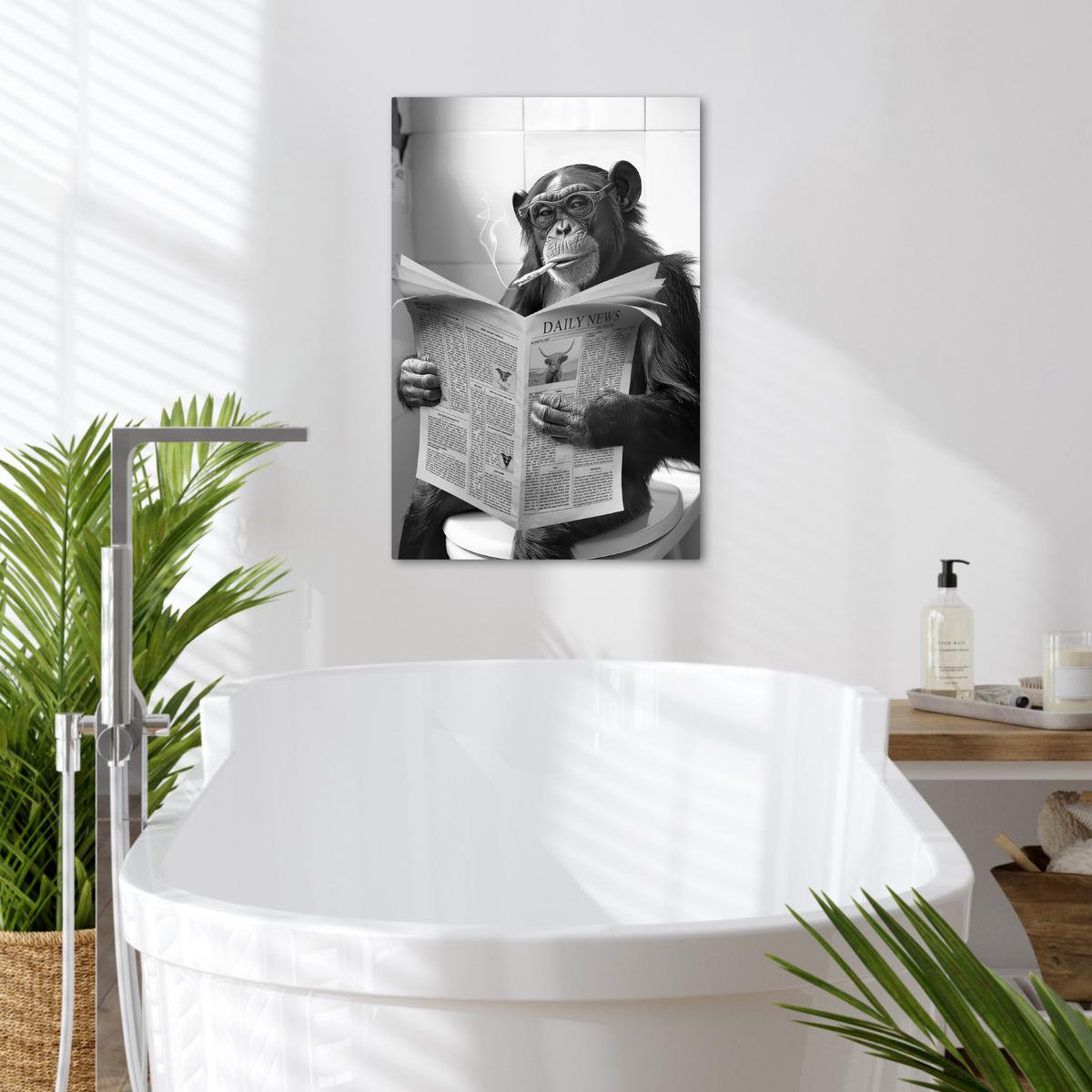 LEINWANDBILD Affe - WC - Zeitung - Schwarz-Weiß - Humor Wanddeko 40x60 cm - Hellgrau, Textil (40/60cm) - MuchoWow