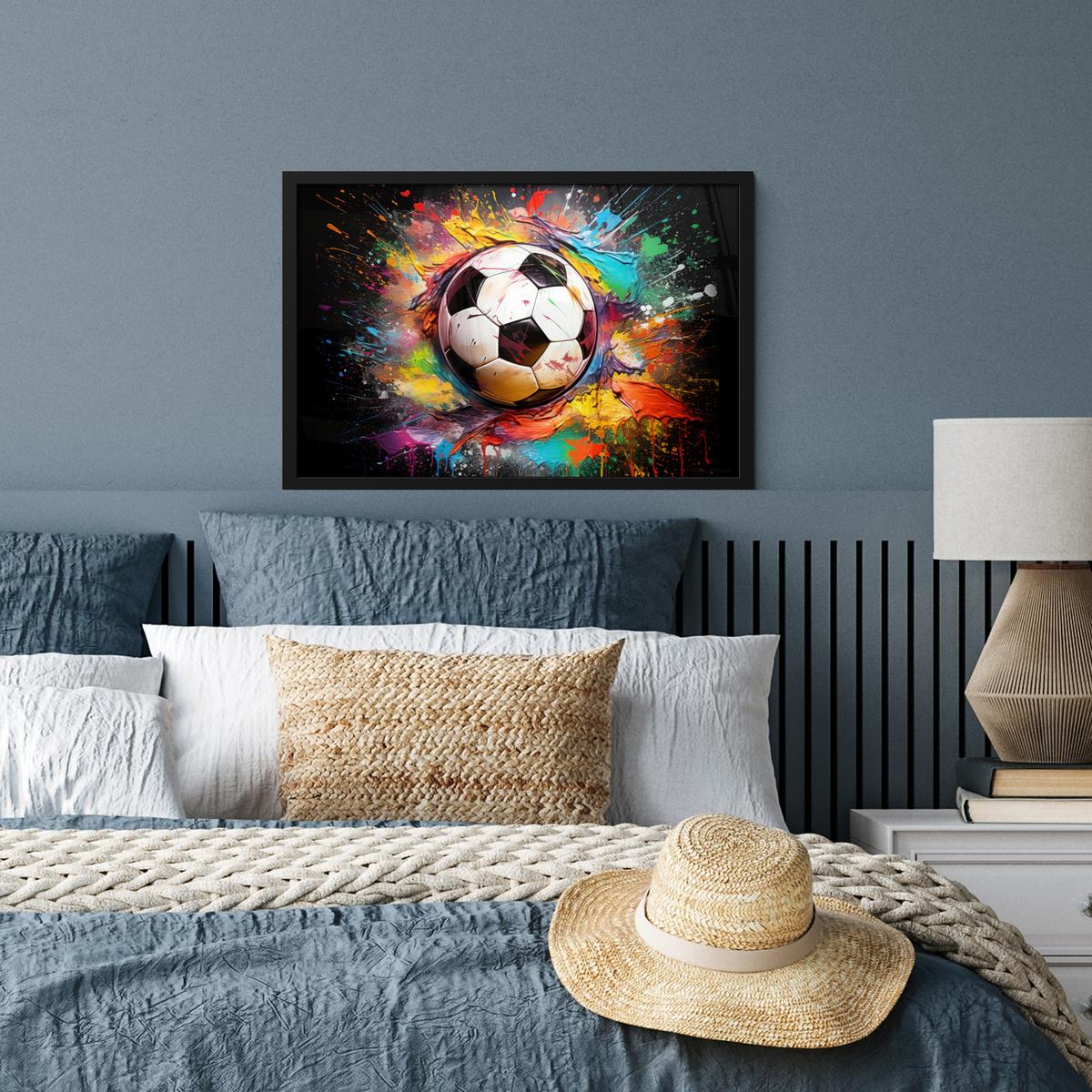 POSTER MIT RAHMENGERAHMTES BILD Fußball - Farbe - Farben - Schwarz - Weiß 60x40 cm - Weiß, Papier (60/40cm) - MuchoWow