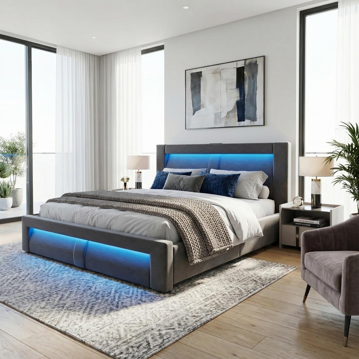 BETT 180x200 cm Grau Samt - Grau, Textil (180/200cm) - Urban Meuble