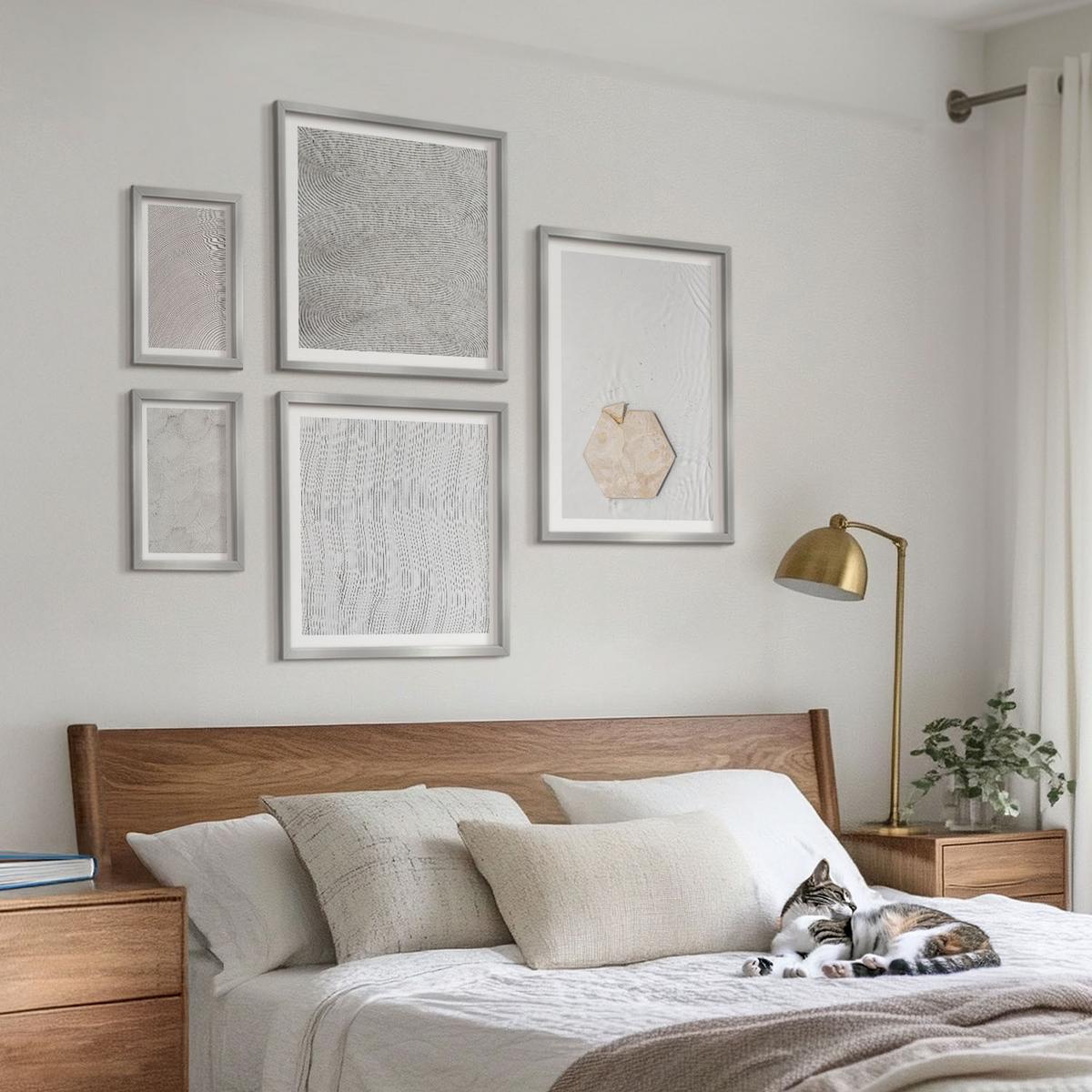 BILDER SET 5er Set - 50x50 cm & 20x30 cm & 40x60 cm Silberner Rahmen - Leichte Boho-Sandtexturen - Silberfarben, Kunststoff (40/60cm) - TULUP