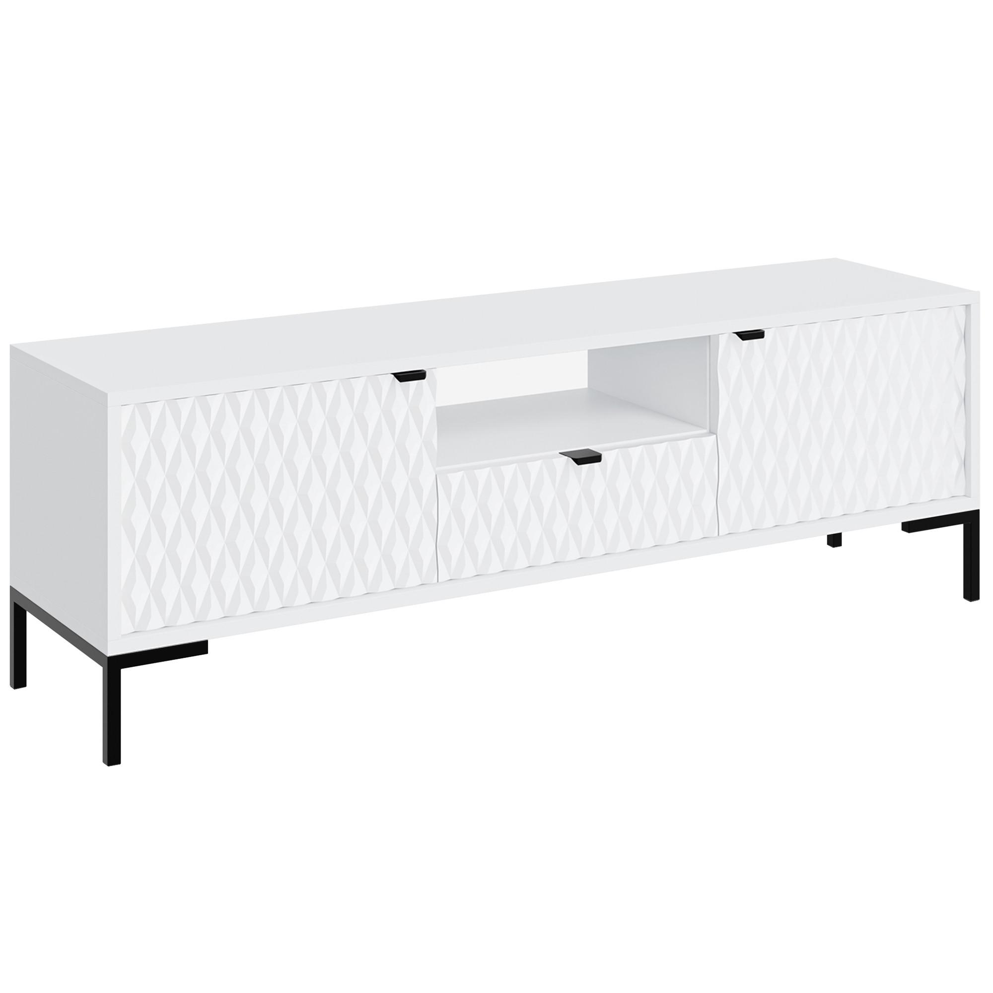 LOWBOARD Montreal mit 2 Türen, 1 Schublade und offenem Fach, dekorative 3D-Fronten, Weiß - Schwarz/Weiß, Holzwerkstoff/Metall (150/47/40cm) - Beautysofa