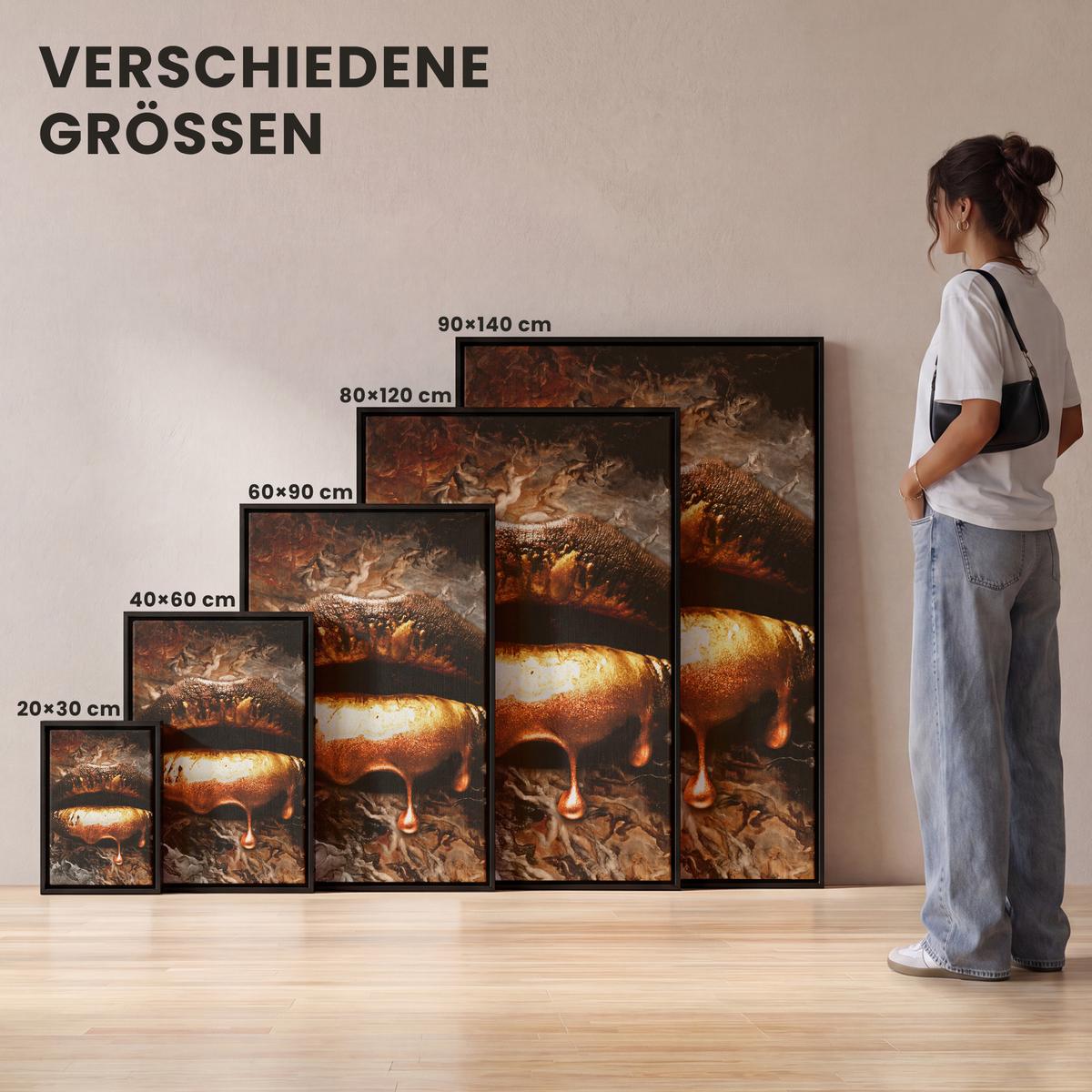 LEINWAND Bilder mit Rahmen - Gold - Lippen - Kunst - Gold - Luxus - Abstrakt - 100x150 - Kupferfarben, Textil (100/150cm) - MuchoWow