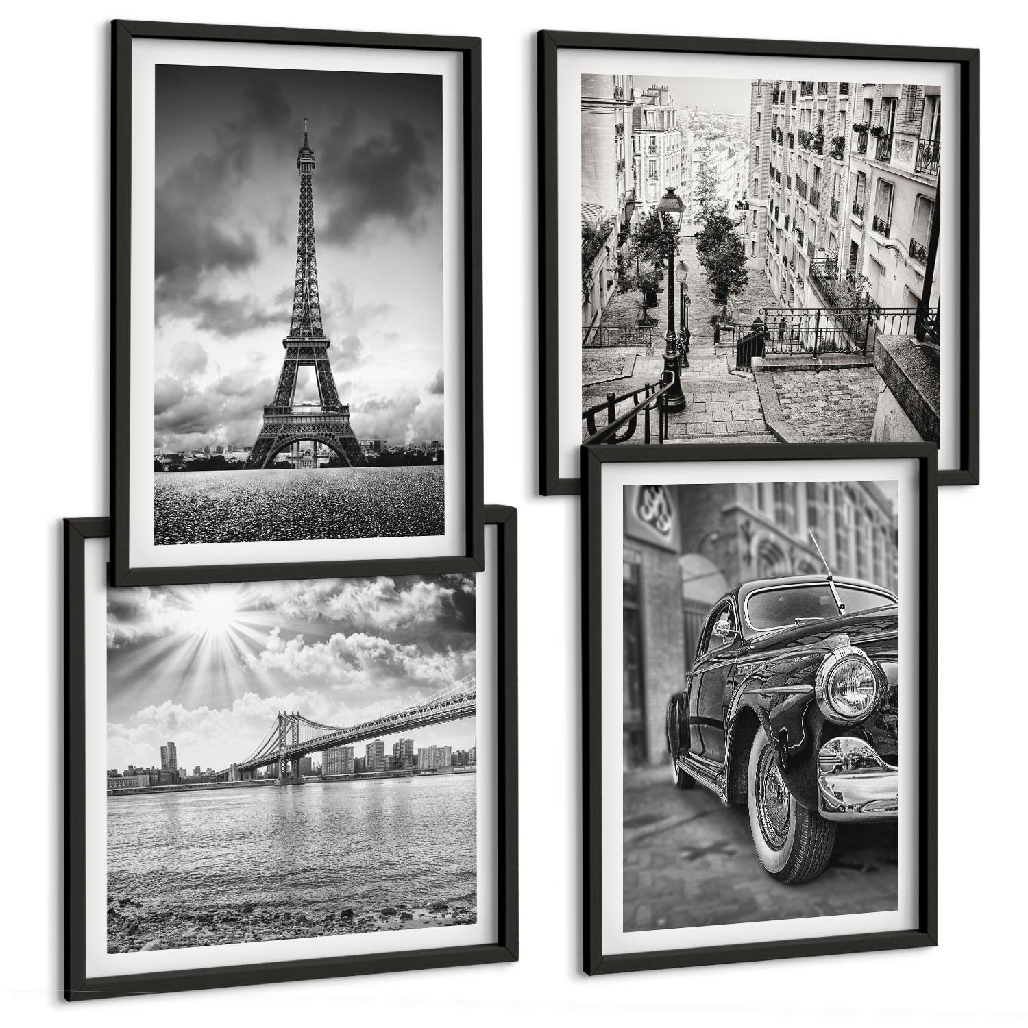 BILDER SET 4er Set - 50x50 cm & 40x60 cm Schwarzer Rahmen - Stadtansichten, Brücken, Eiffelturm, Auto - Schwarz, Kunststoff (50/50cm) - TULUP