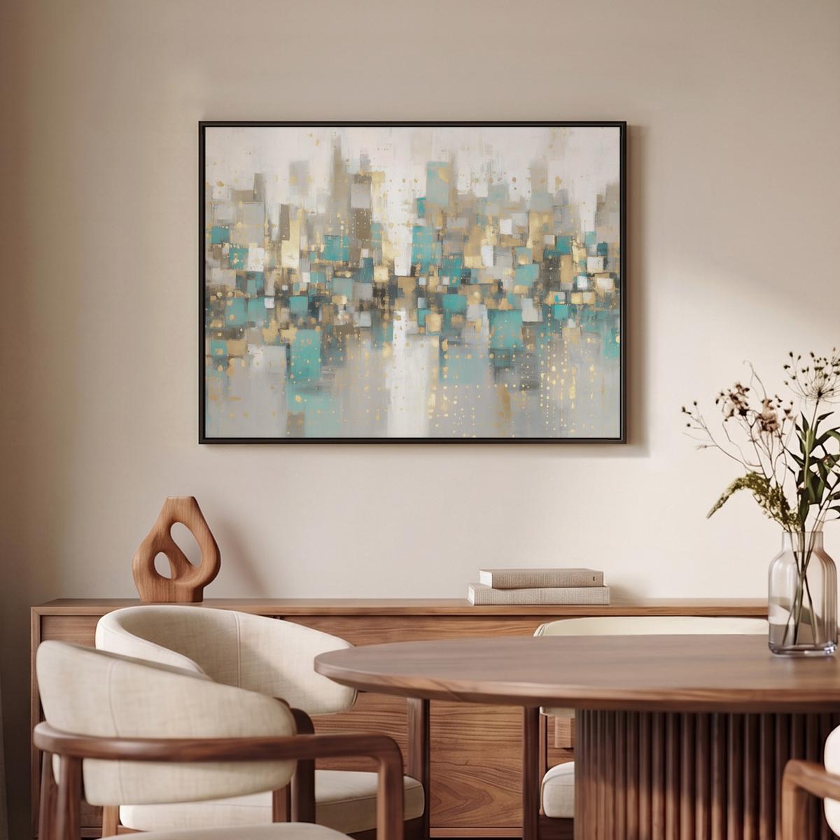 LEINWAND Bilder mit Rahmen - Abstrakt - Blöcke - Gold - Skyline - 70x50 - Beige, Textil (70/50cm) - MuchoWow