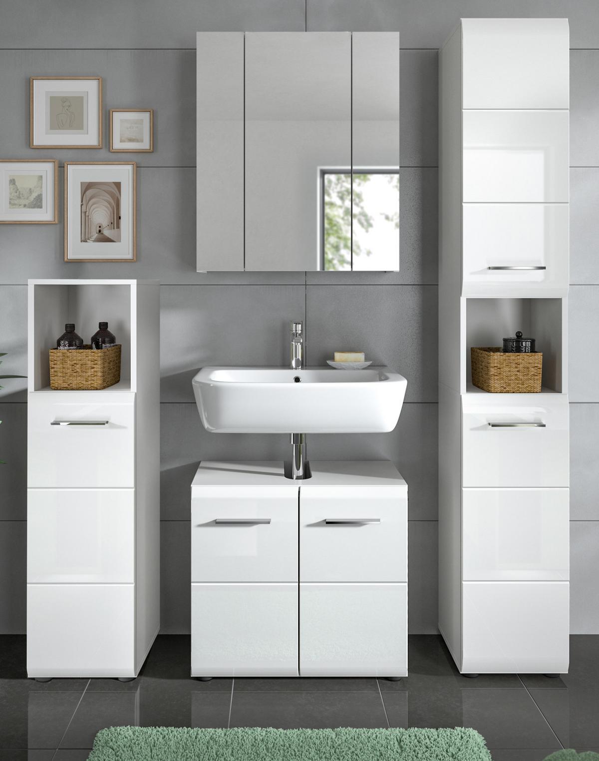 BADMÖBEL-SET weiß Hochglanz 4-teilig 150 cm, Komplettset mit viel Stauraum - Weiß Hochglanz/Silberfarben, Glas/Holzwerkstoff (150/185/30cm) - Inn.Furn