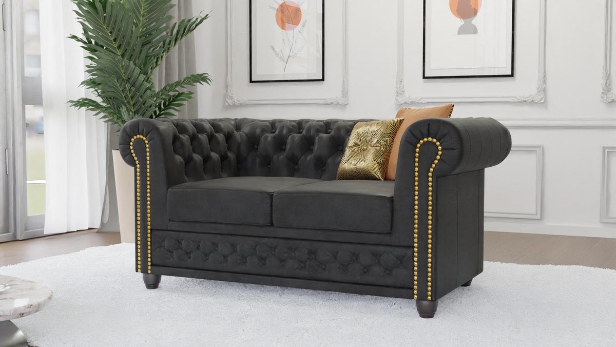 CHESTERFIELD-SOFA 2-sitzer Flux Anthrazit Microfaser Vintageoptik - Anthrazit/Braun, Holz/Textil (148/72/86cm) - S-Style Möbel