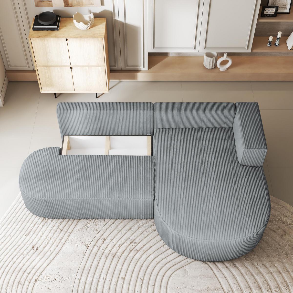 ECKSOFA CORTIO P R-S Hellgrau Kordstoff mit Schlaffunktion - Hellgrau, Holz (265/174cm) - MASSENO