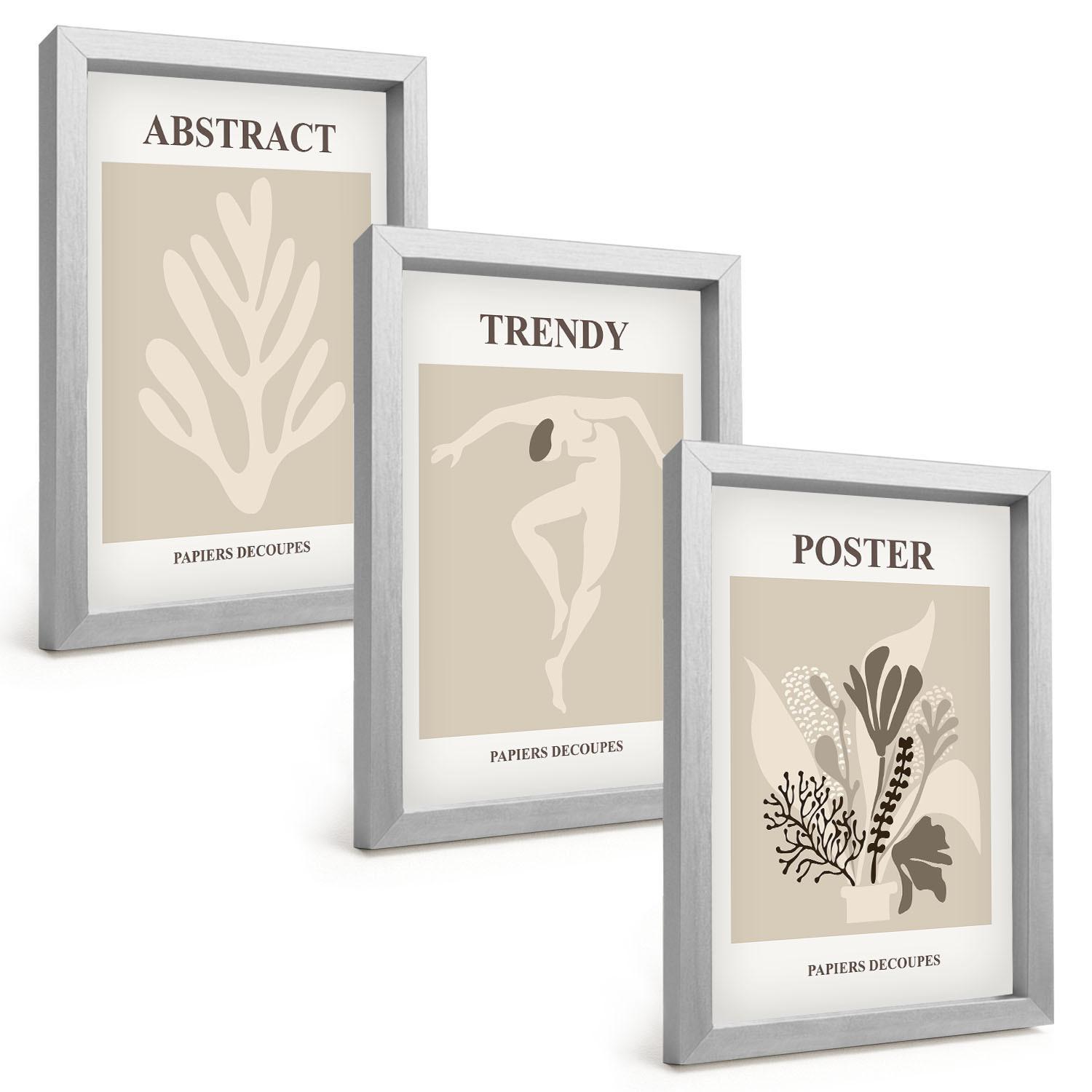 BILDER SET 3er Set - 20x30 cm Silberner Rahmen - Blumenmuster beige braun - Silberfarben, Kunststoff (20/30cm) - TULUP