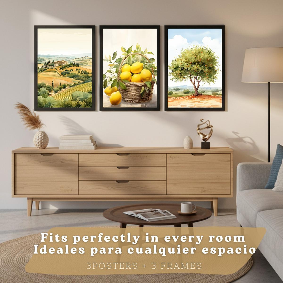 POSTER 3er Bilder-Set Wandbilder Landhaus Dorf Landschaft modern Wohnzimmer Deko, Schlafzimmer, Küche, Badezimmer Schwarzer Rahmen A4 - Schwarz, Papier (29.7/1/21cm) - Nacnic