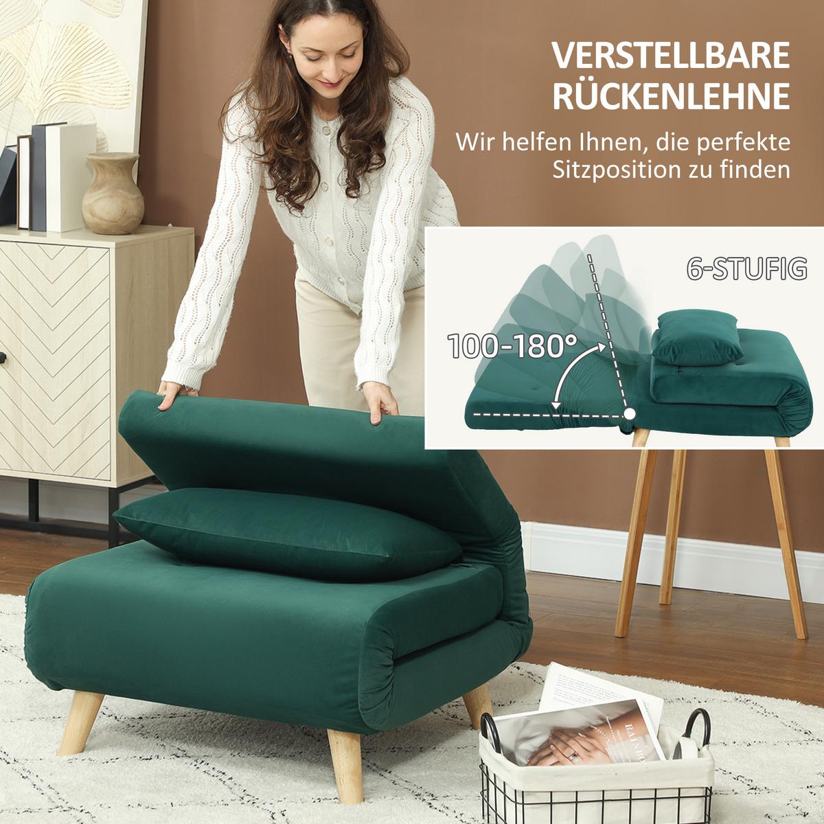 SCHLAFSESSEL, Klappsessel mit Bettfunktion, bis 120 kg belastbar, Dunkelgrün - Dunkelgrün/Naturfarben, Holz/Textil (78/79/72cm) - HOMCOM