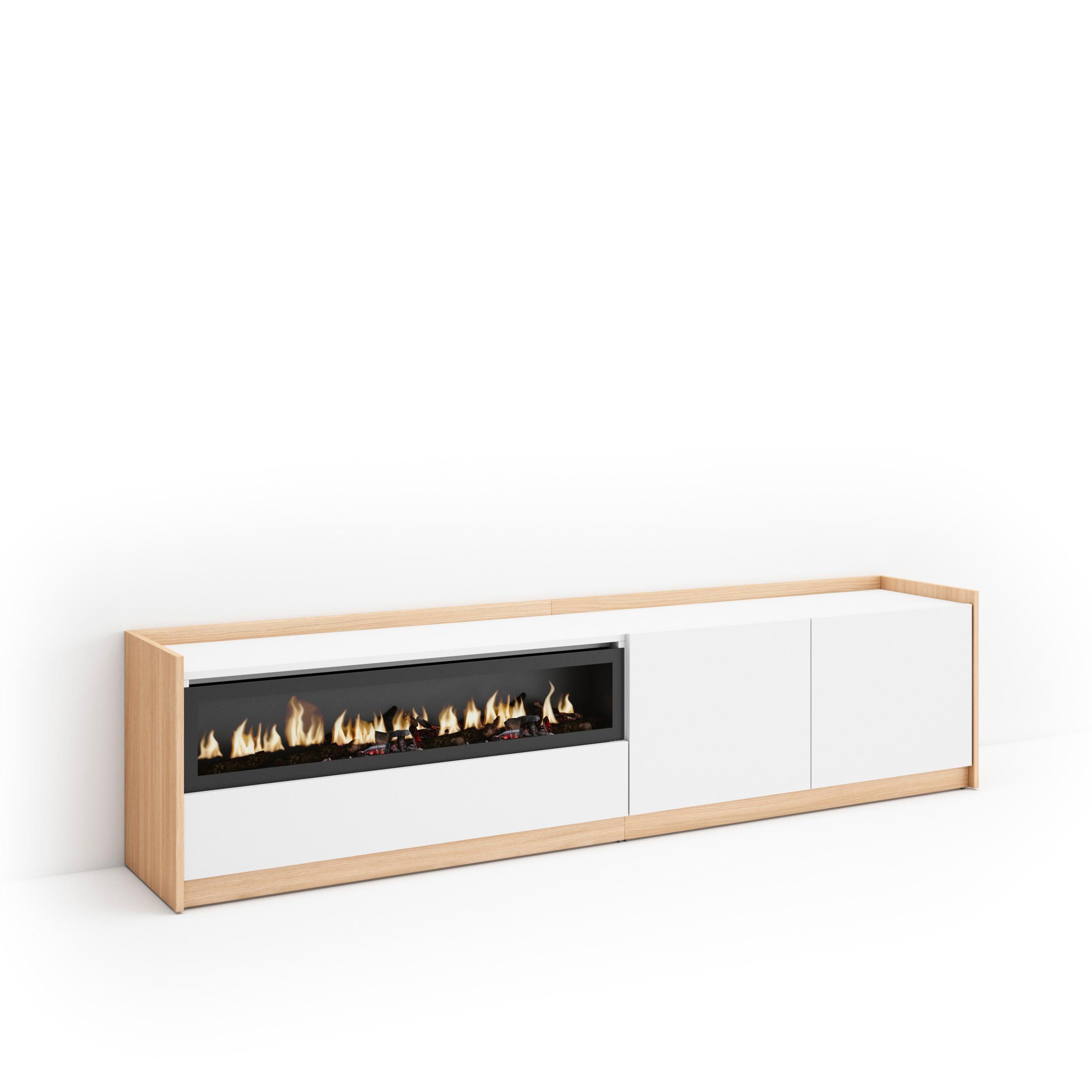 LOWBOARD, Weiß und Eiche Soft, Elektrokamin, 207/37/50cm - Weiß, Holzwerkstoff (207/50/37cm) - Skraut Home