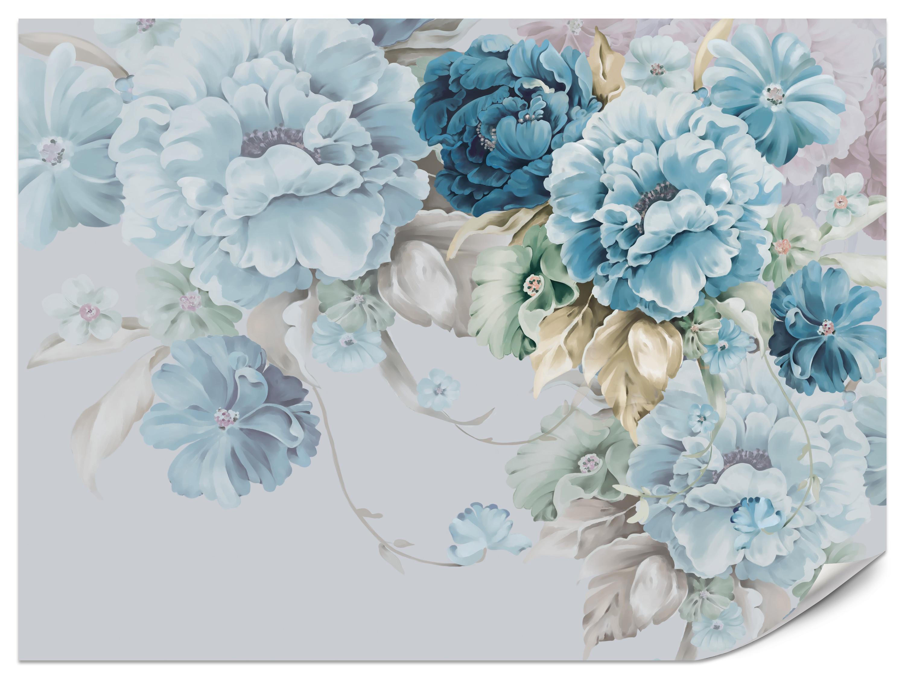 FOTOTAPETE für Schlafzimmer Blaue Pfingstrosen Zart Blumen Boho 100x70 - Blau/Gelb, Papier (100/70cm) - Muralo